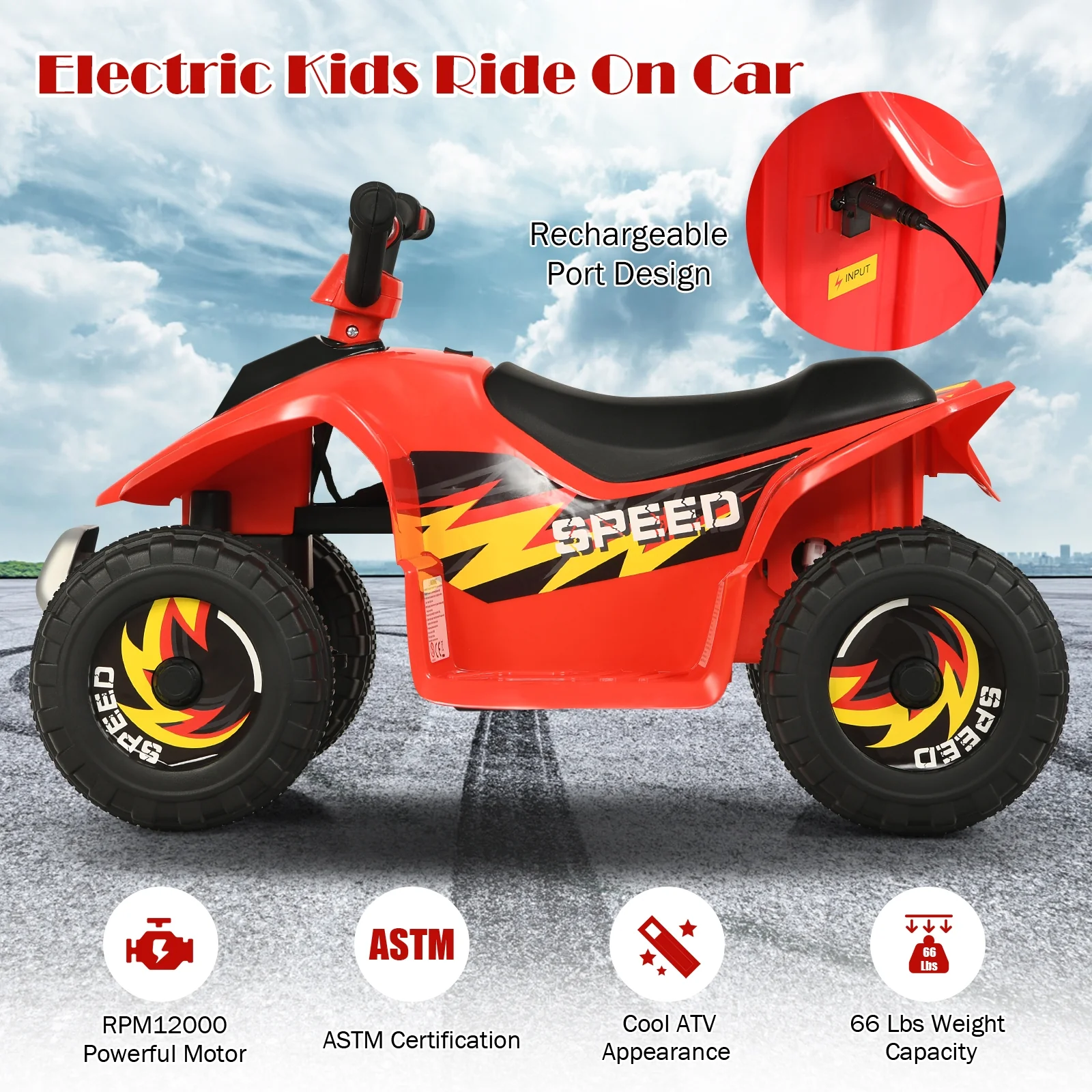 6V Kids Electric ATV, 4 Wheels Ride-On Toy, Red - Image 8