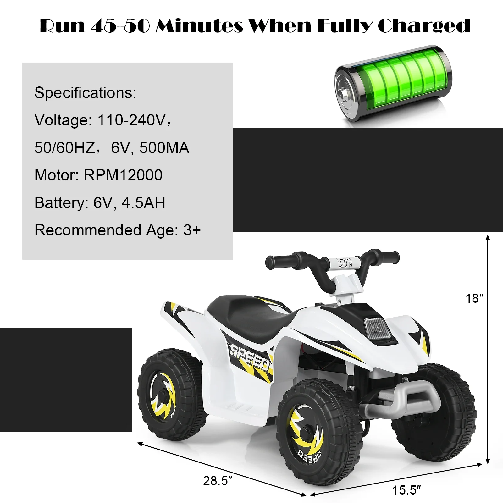 6V Kids Electric ATV, 4 Wheels Ride-On Toy, White - Image 6