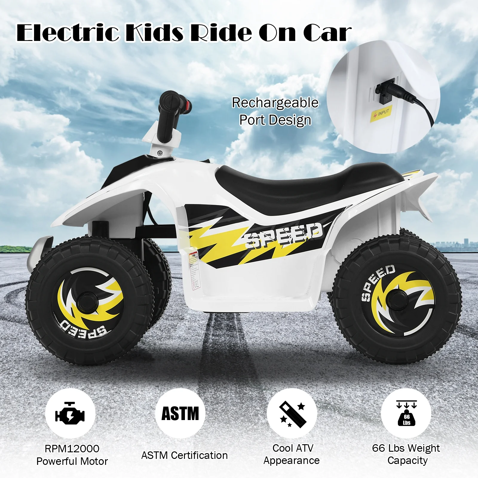6V Kids Electric ATV, 4 Wheels Ride-On Toy, White - Image 8