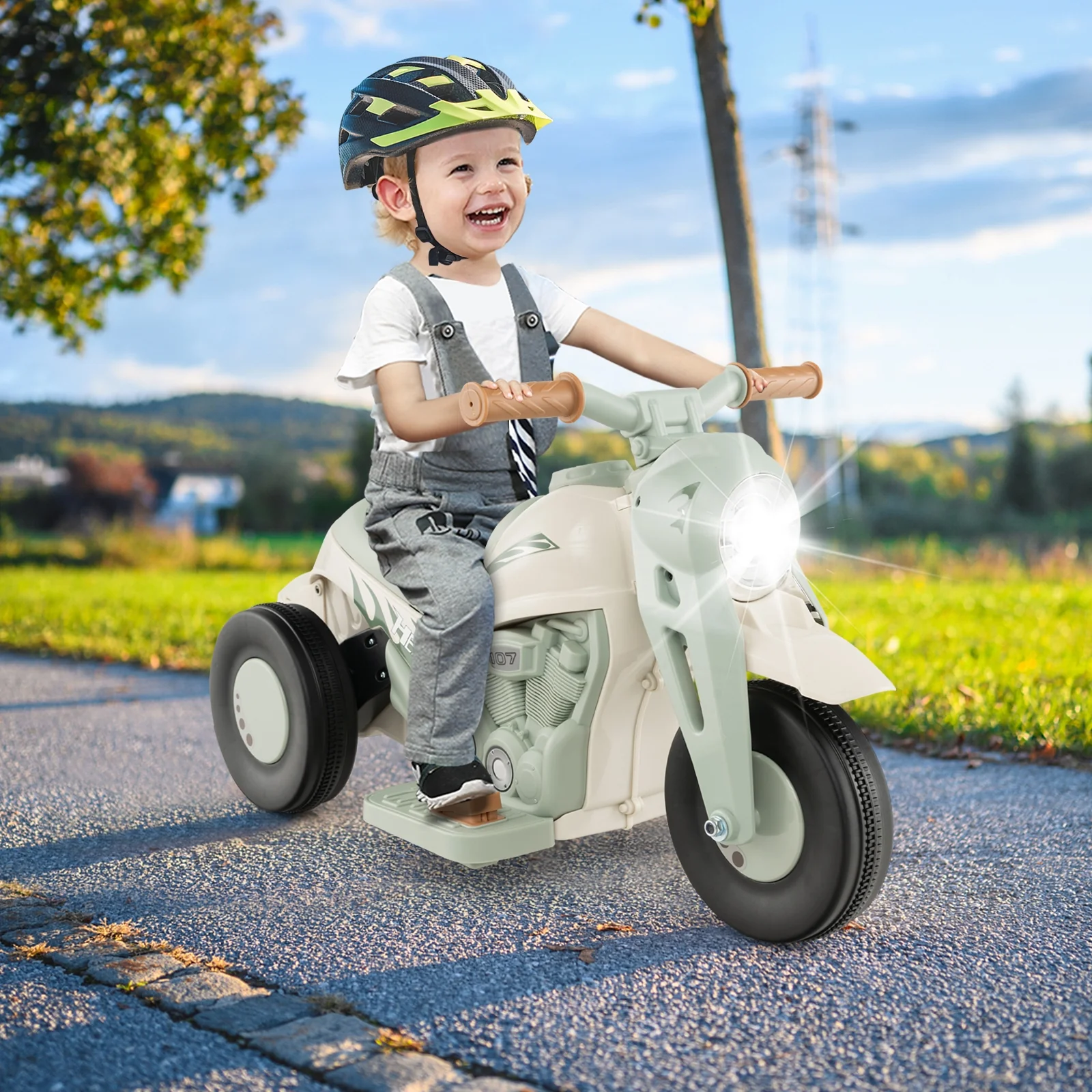 6V Kids Electric Ride On Motorcycle, Bubble Maker, Music, Beige - Image 2