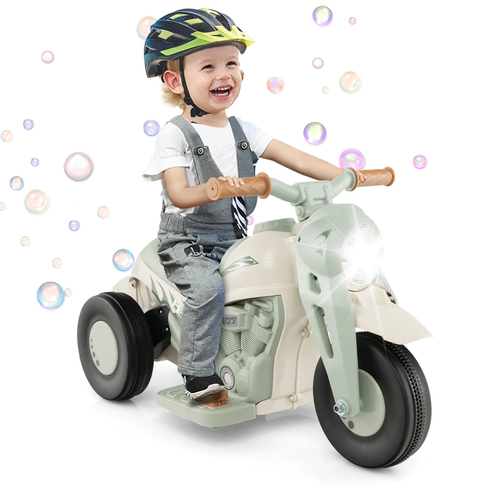 6V Kids Electric Ride On Motorcycle, Bubble Maker, Music, Beige - Image 6