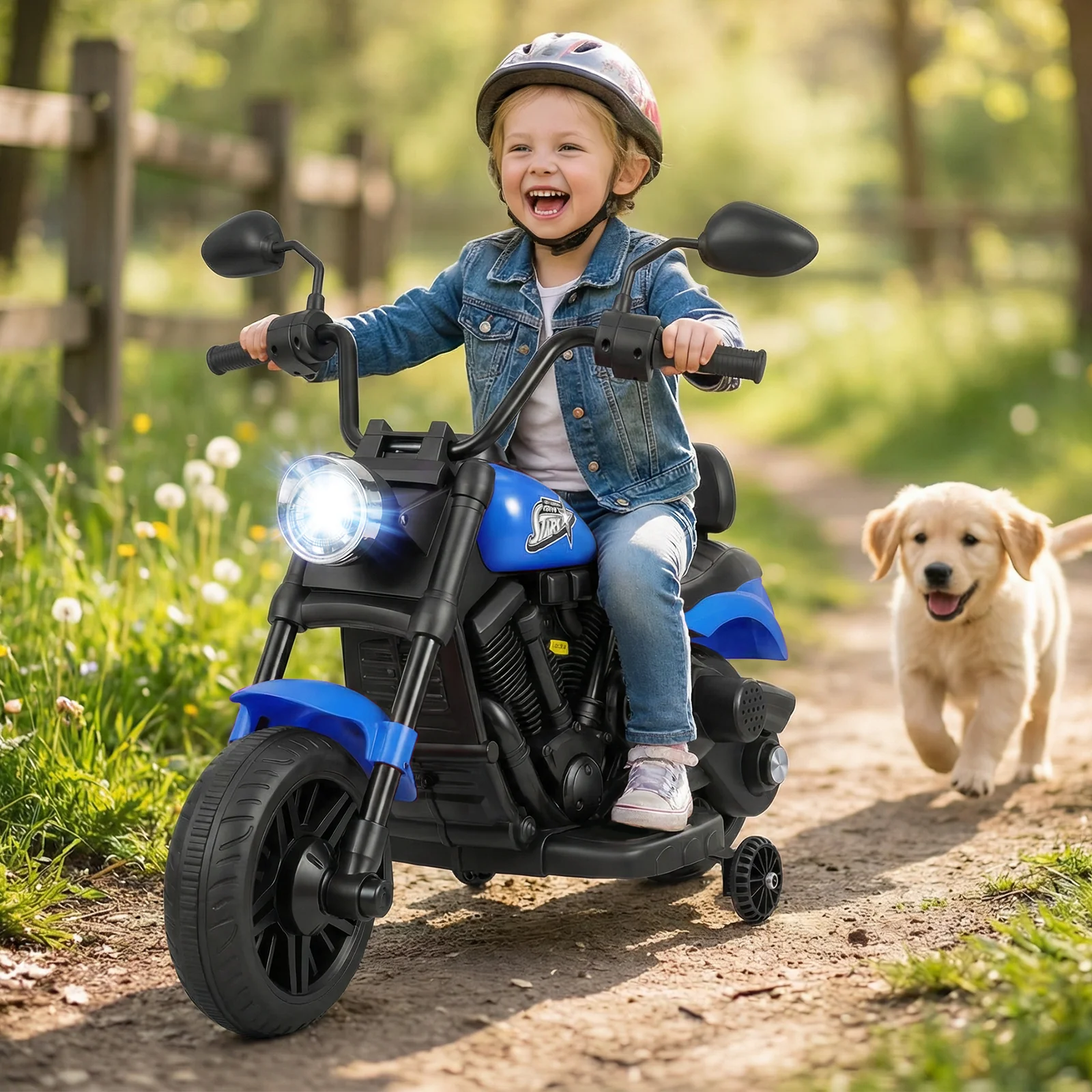 6V Kids Motorcycle with Headlight and Music and Training Wheels, Navy - Image 2