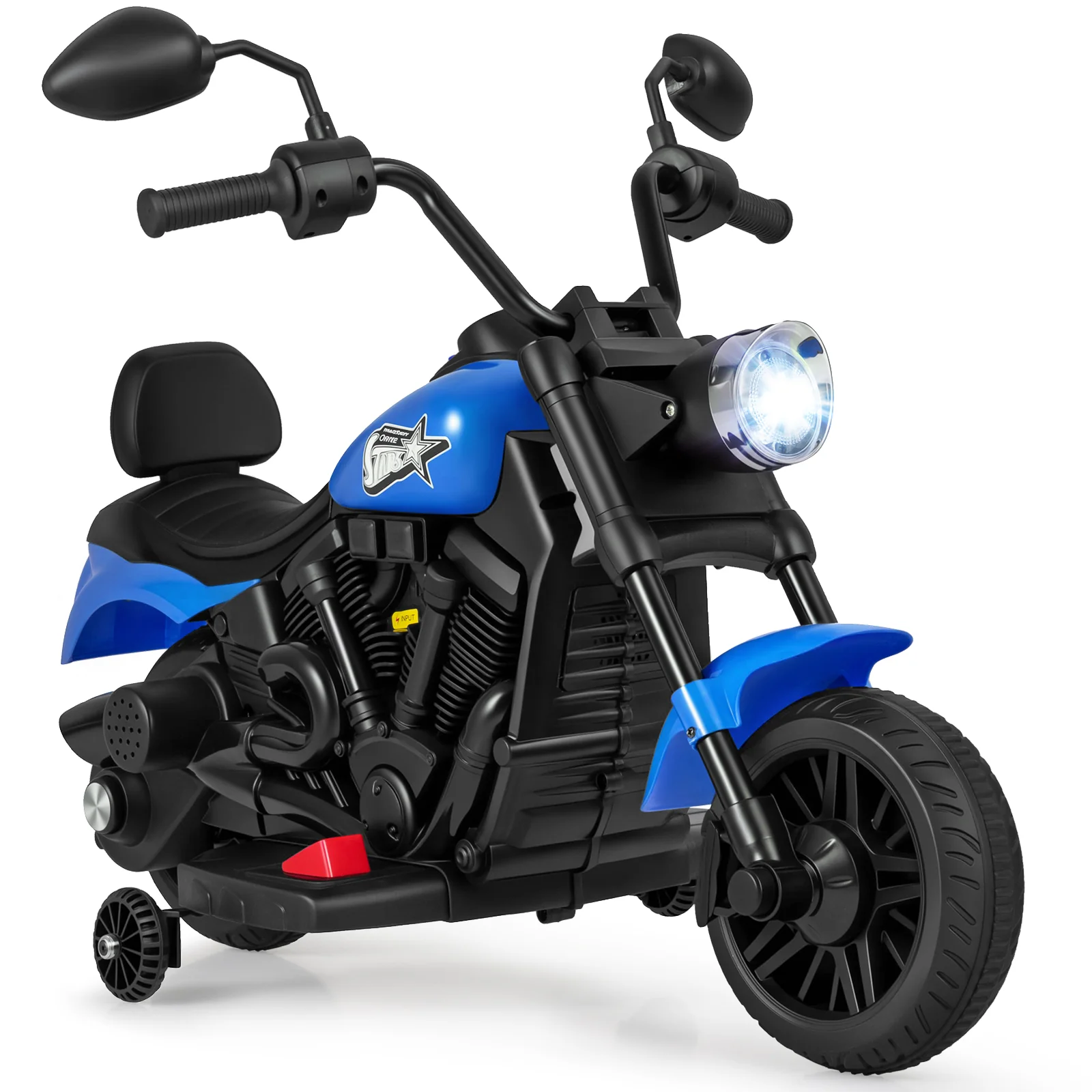 6V Kids Motorcycle with Headlight and Music and Training Wheels, Navy - Image 3