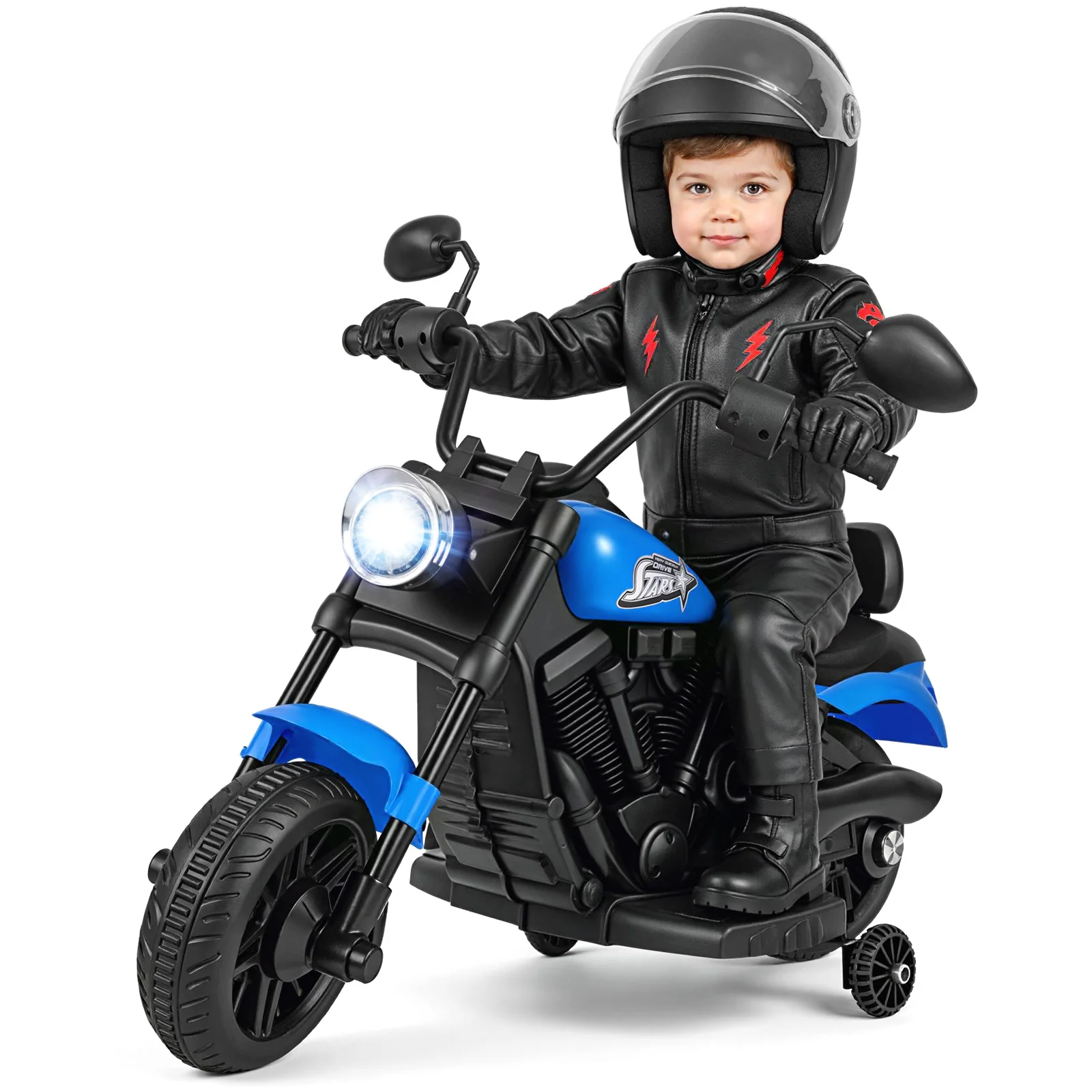 6V Kids Motorcycle with Headlight and Music and Training Wheels, Navy - Image 4