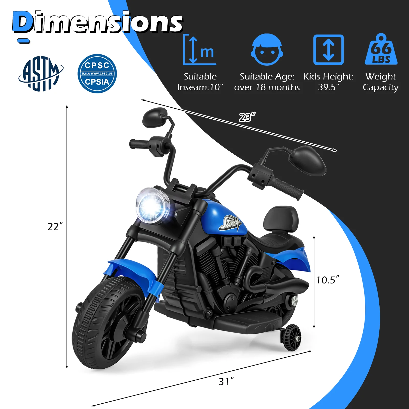 6V Kids Motorcycle with Headlight and Music and Training Wheels, Navy - Image 5