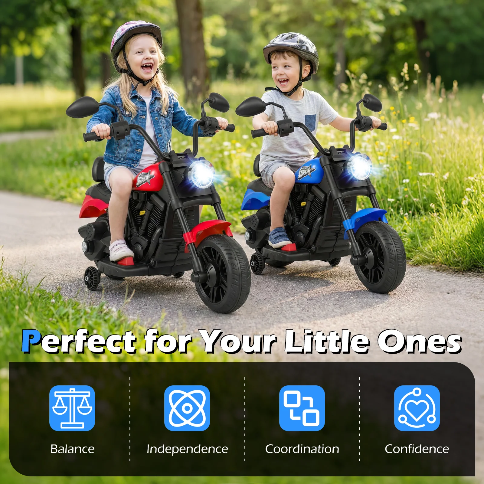 6V Kids Motorcycle with Headlight and Music and Training Wheels, Navy - Image 6