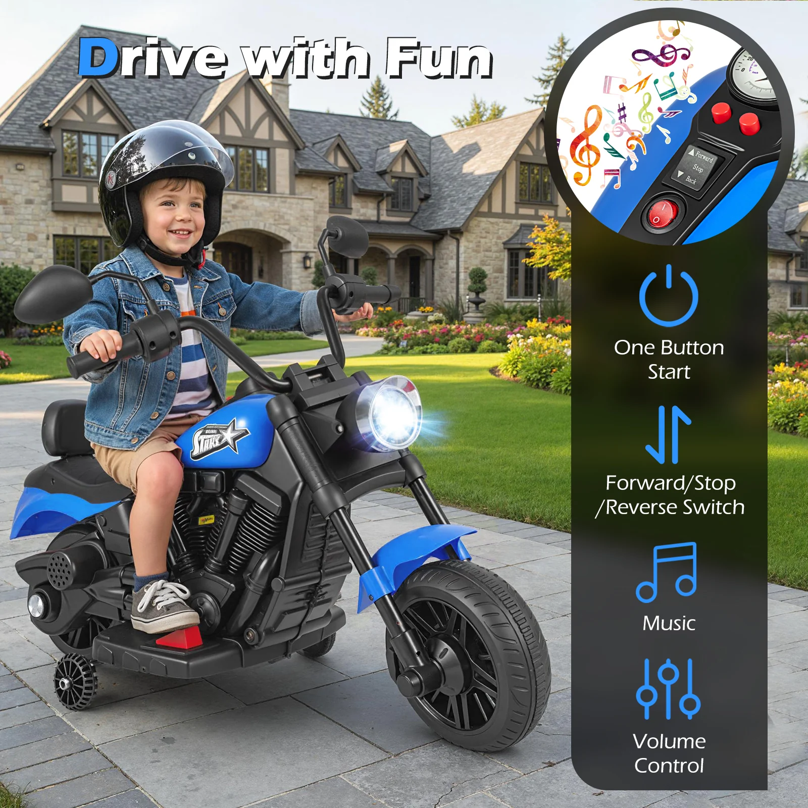 6V Kids Motorcycle with Headlight and Music and Training Wheels, Navy - Image 7