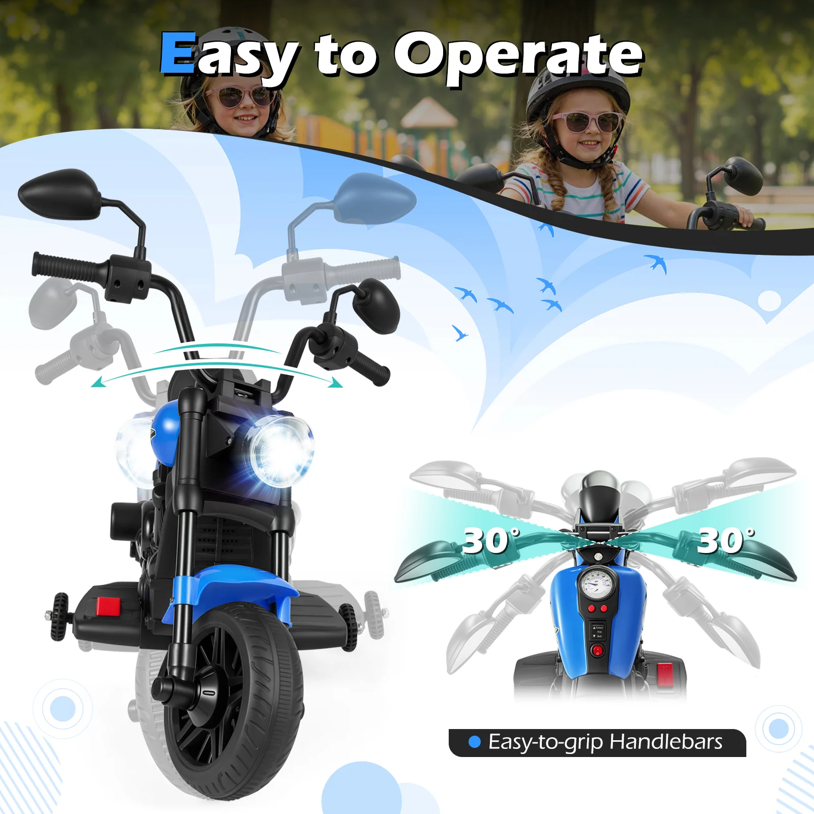 6V Kids Motorcycle with Headlight and Music and Training Wheels, Navy - Image 8