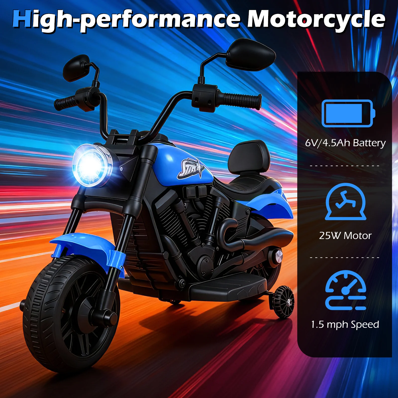 6V Kids Motorcycle with Headlight and Music and Training Wheels, Navy - Image 9