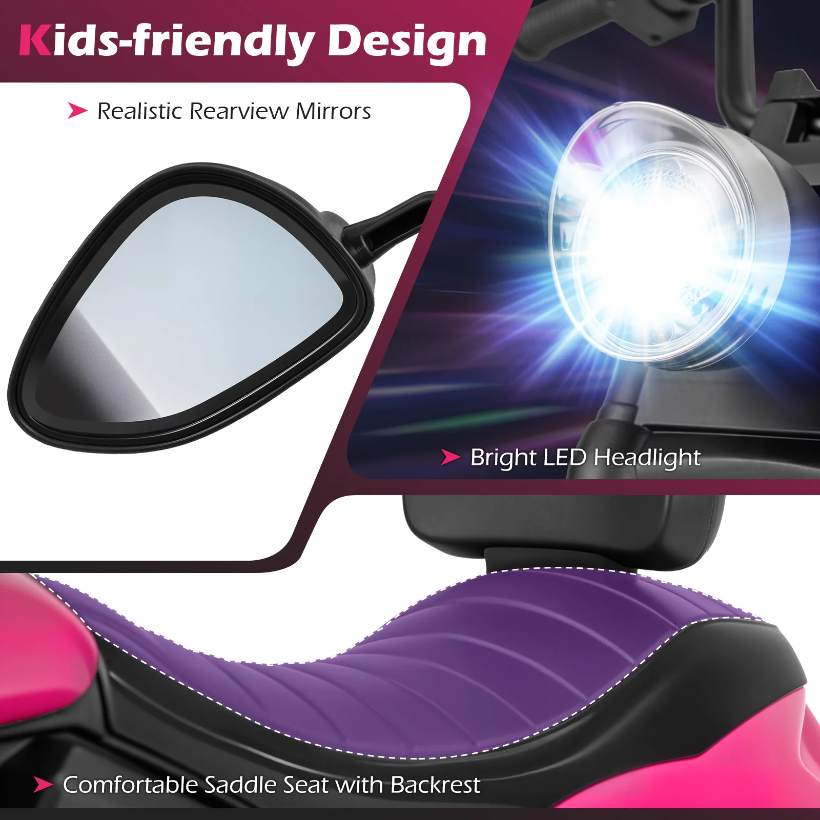 6V Kids Motorcycle with Headlight and Music and Training Wheels, Pink - Image 10