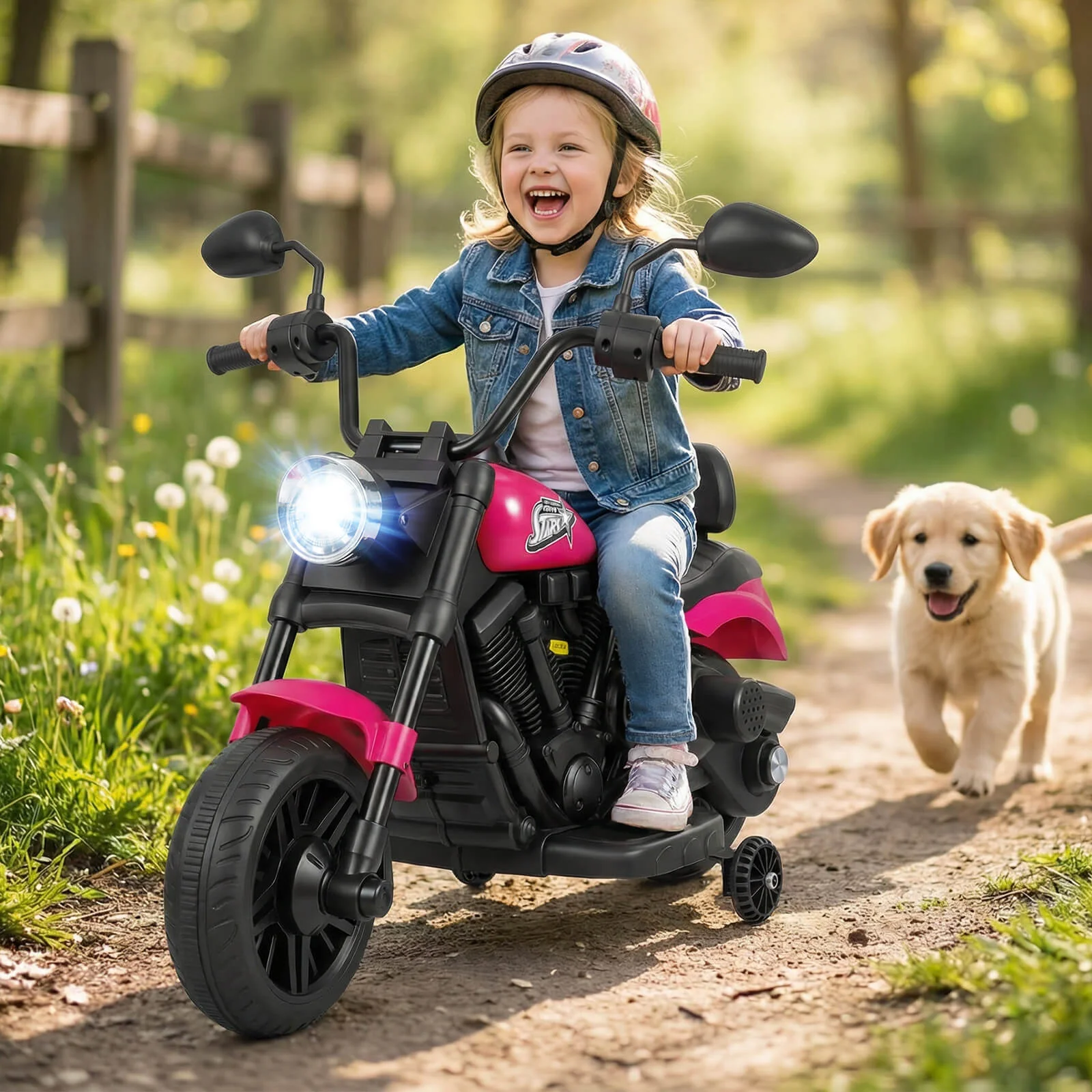 6V Kids Motorcycle with Headlight and Music and Training Wheels, Pink - Image 2