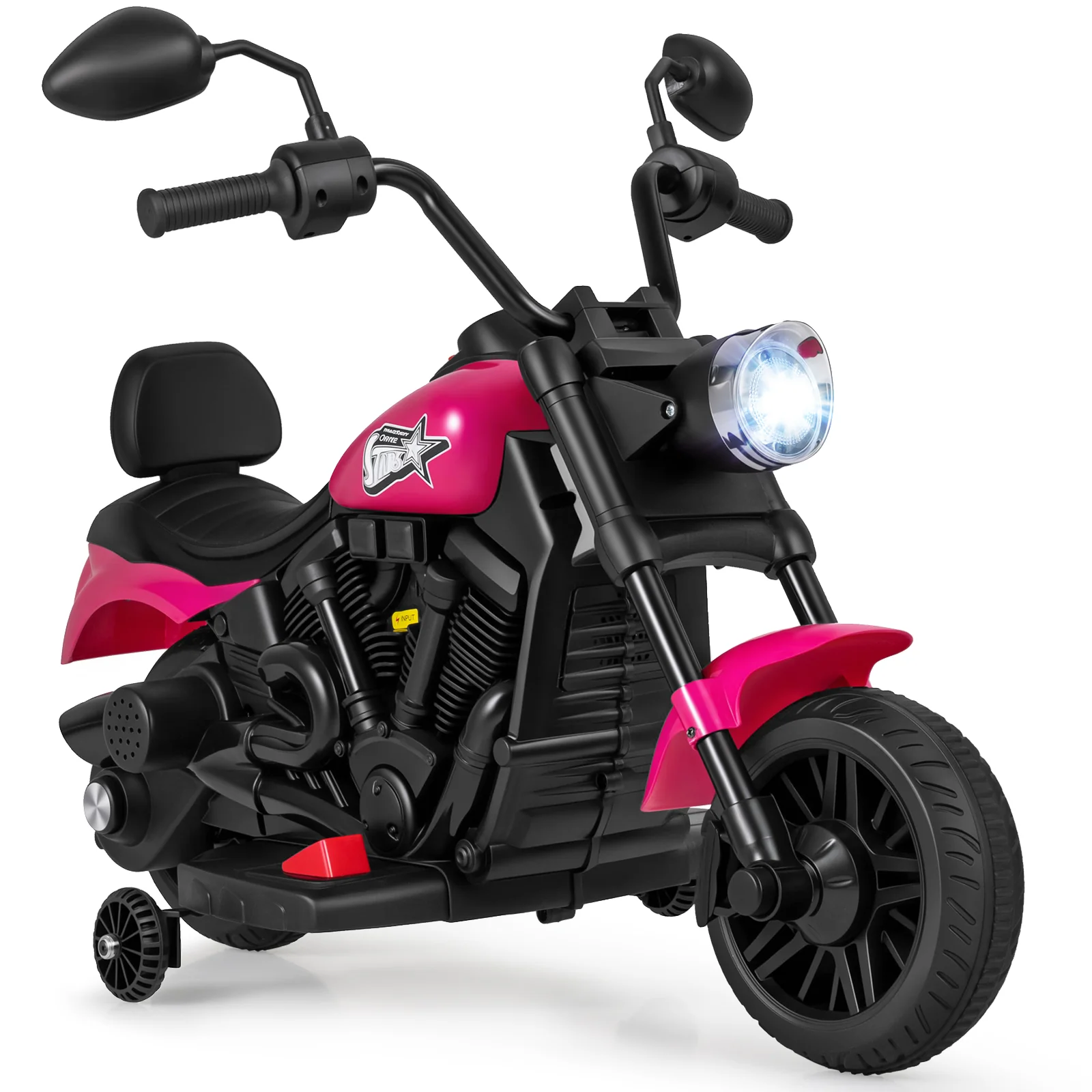 6V Kids Motorcycle with Headlight and Music and Training Wheels, Pink - Image 3