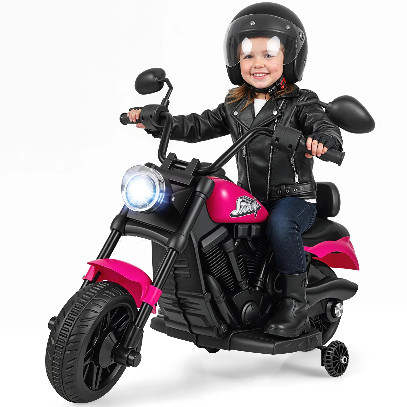 6V Kids Motorcycle with Headlight and Music and Training Wheels, Pink - Image 4