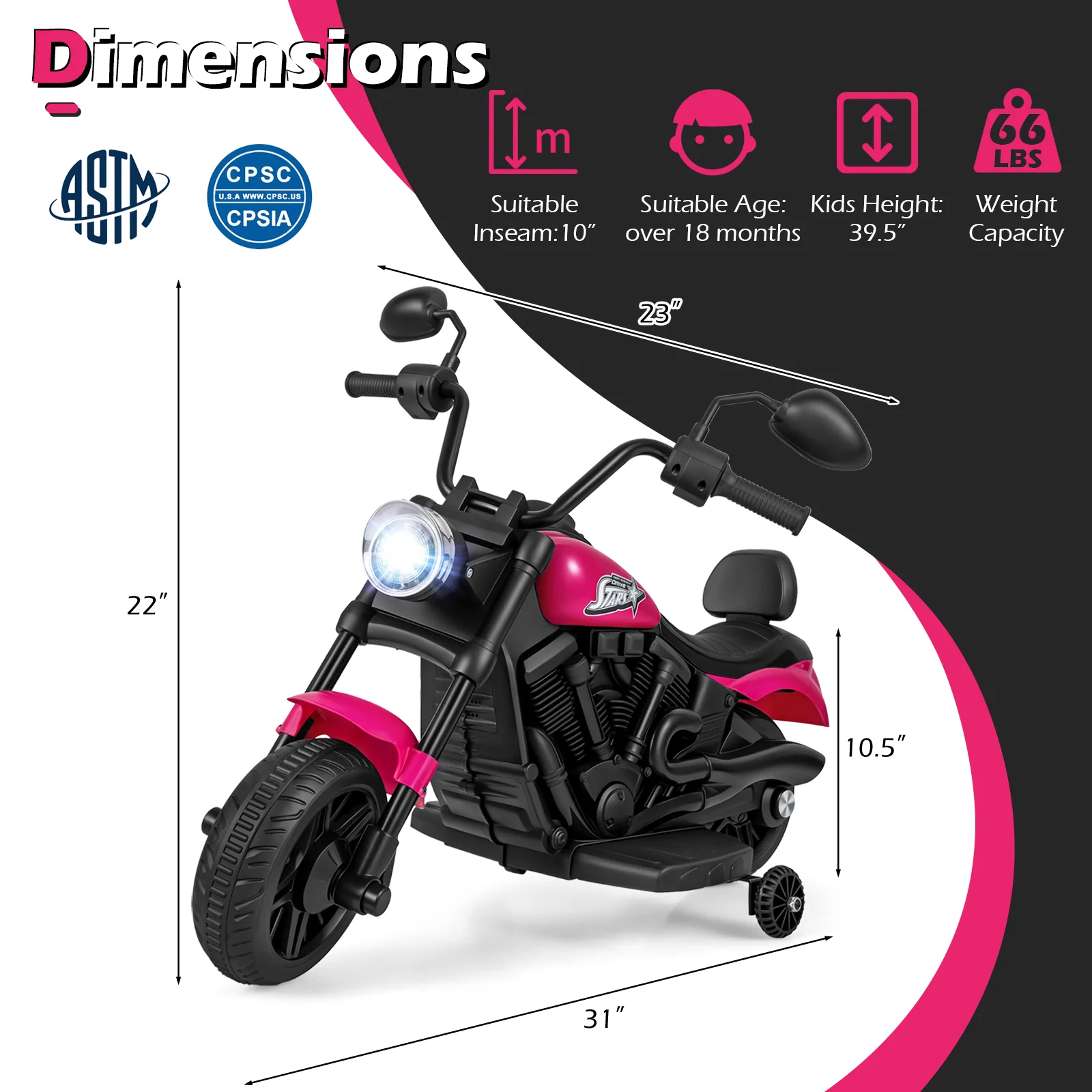 6V Kids Motorcycle with Headlight and Music and Training Wheels, Pink - Image 5