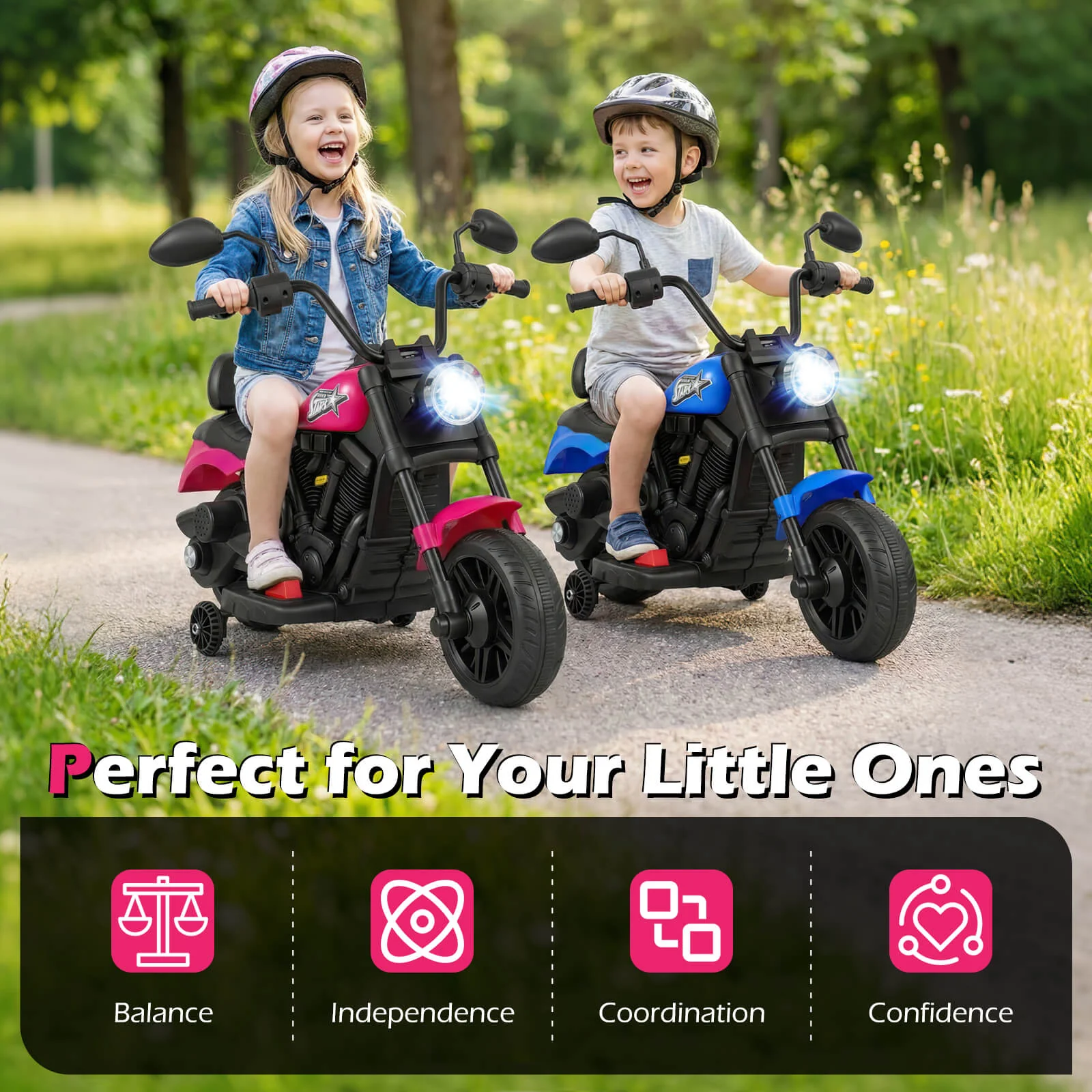 6V Kids Motorcycle with Headlight and Music and Training Wheels, Pink - Image 6