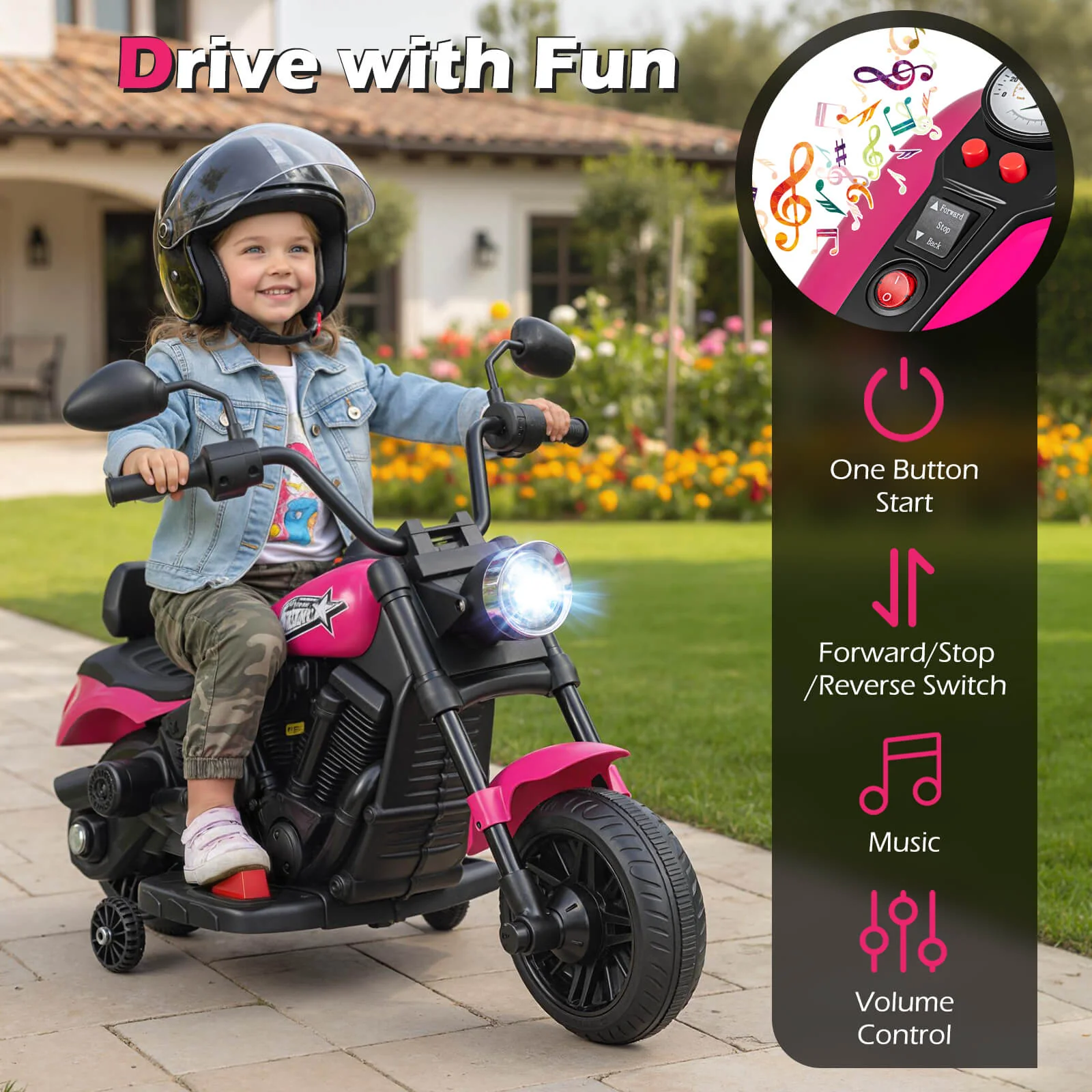 6V Kids Motorcycle with Headlight and Music and Training Wheels, Pink - Image 7