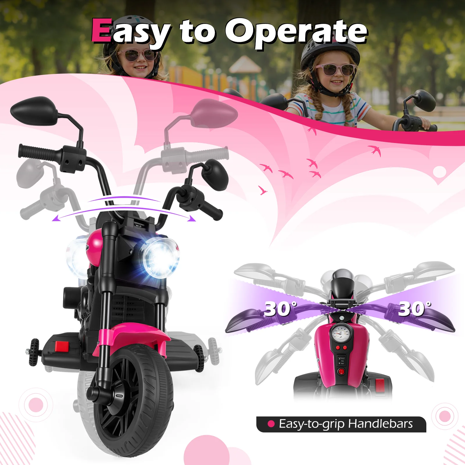 6V Kids Motorcycle with Headlight and Music and Training Wheels, Pink - Image 8