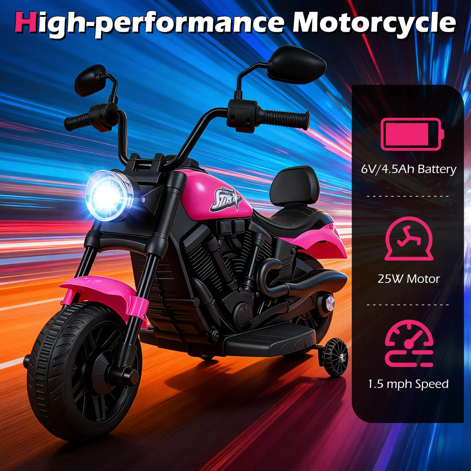6V Kids Motorcycle with Headlight and Music and Training Wheels, Pink - Image 9