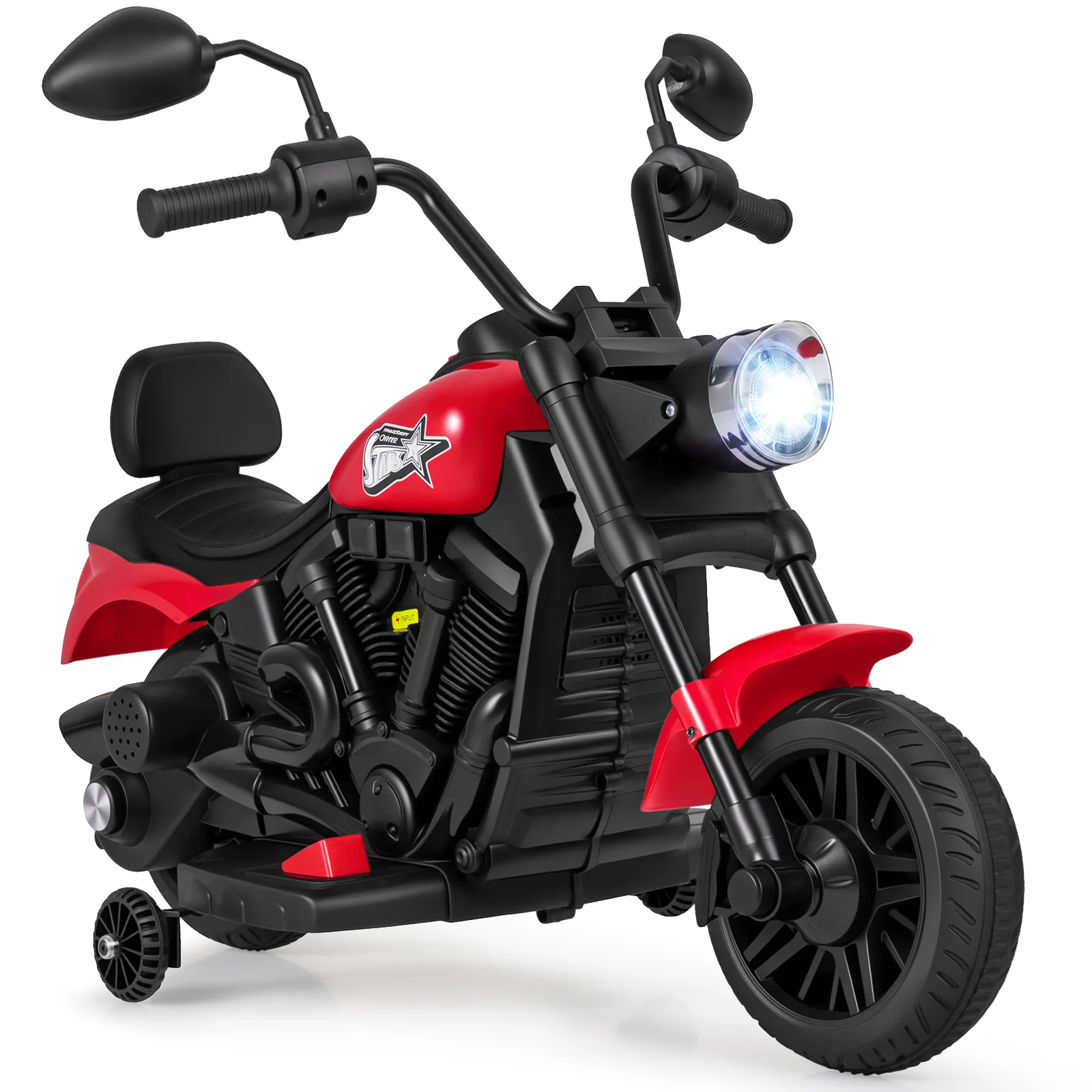 6V Kids Motorcycle with Headlight and Music and Training Wheels, Red