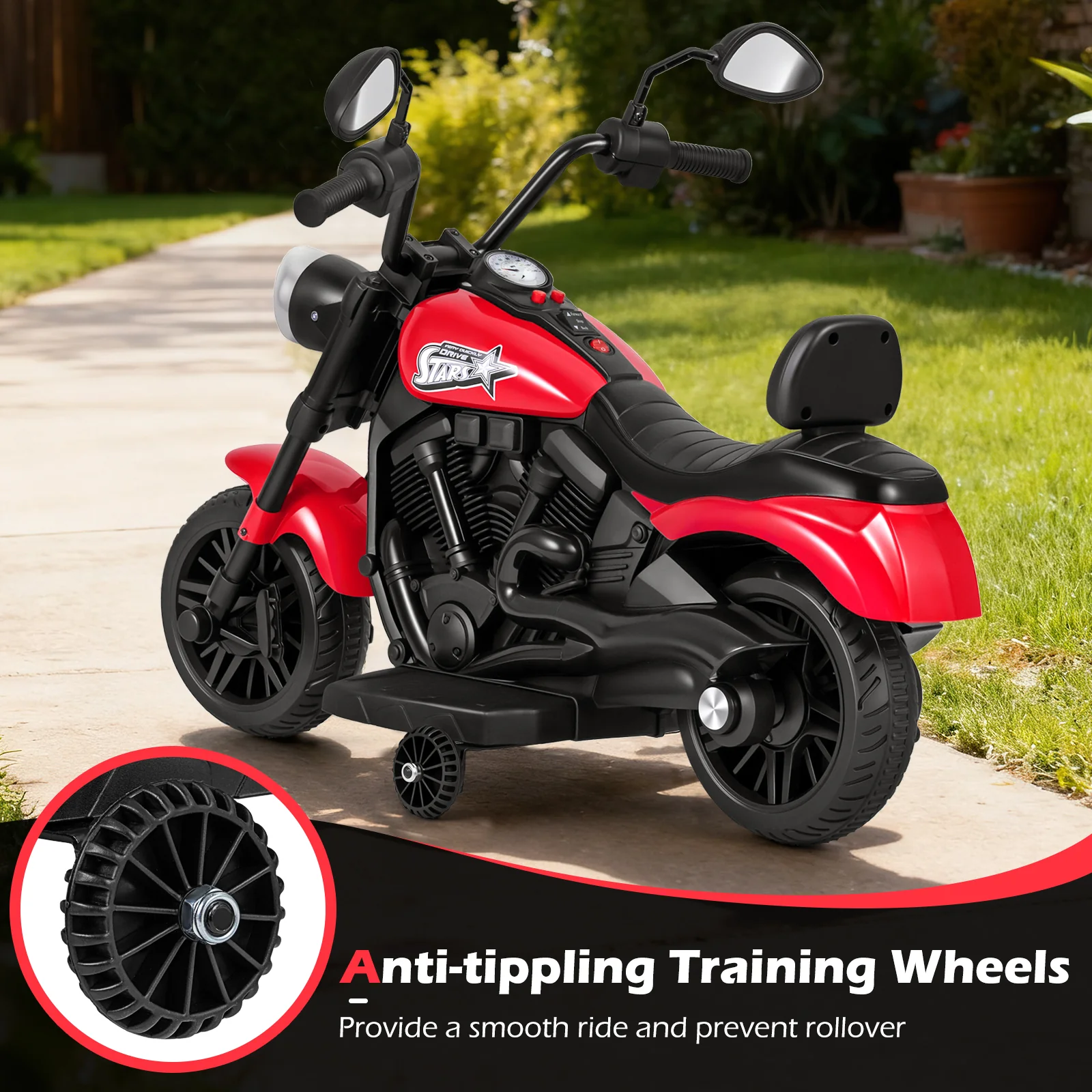 6V Kids Motorcycle with Headlight and Music and Training Wheels, Red - Image 10