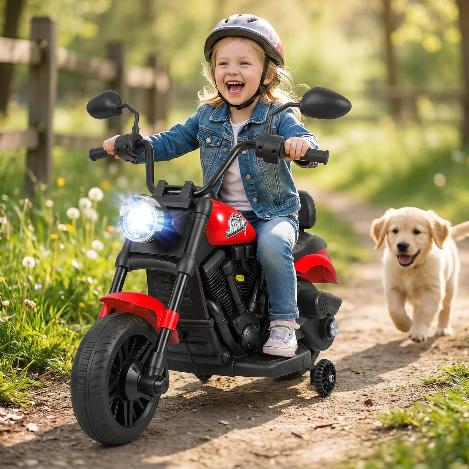 6V Kids Motorcycle with Headlight and Music and Training Wheels, Red - Image 2