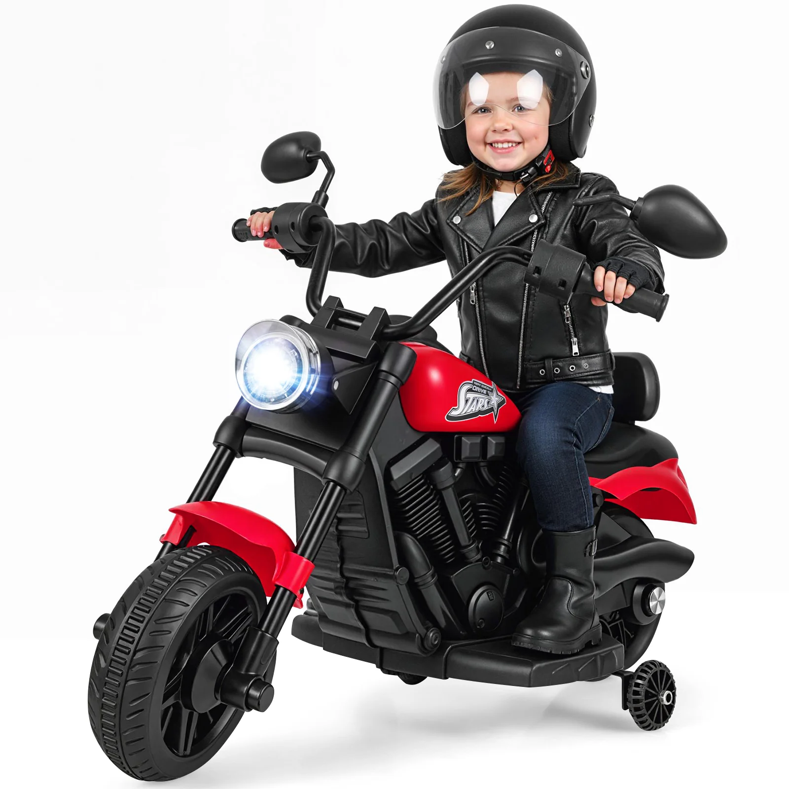 6V Kids Motorcycle with Headlight and Music and Training Wheels, Red - Image 4