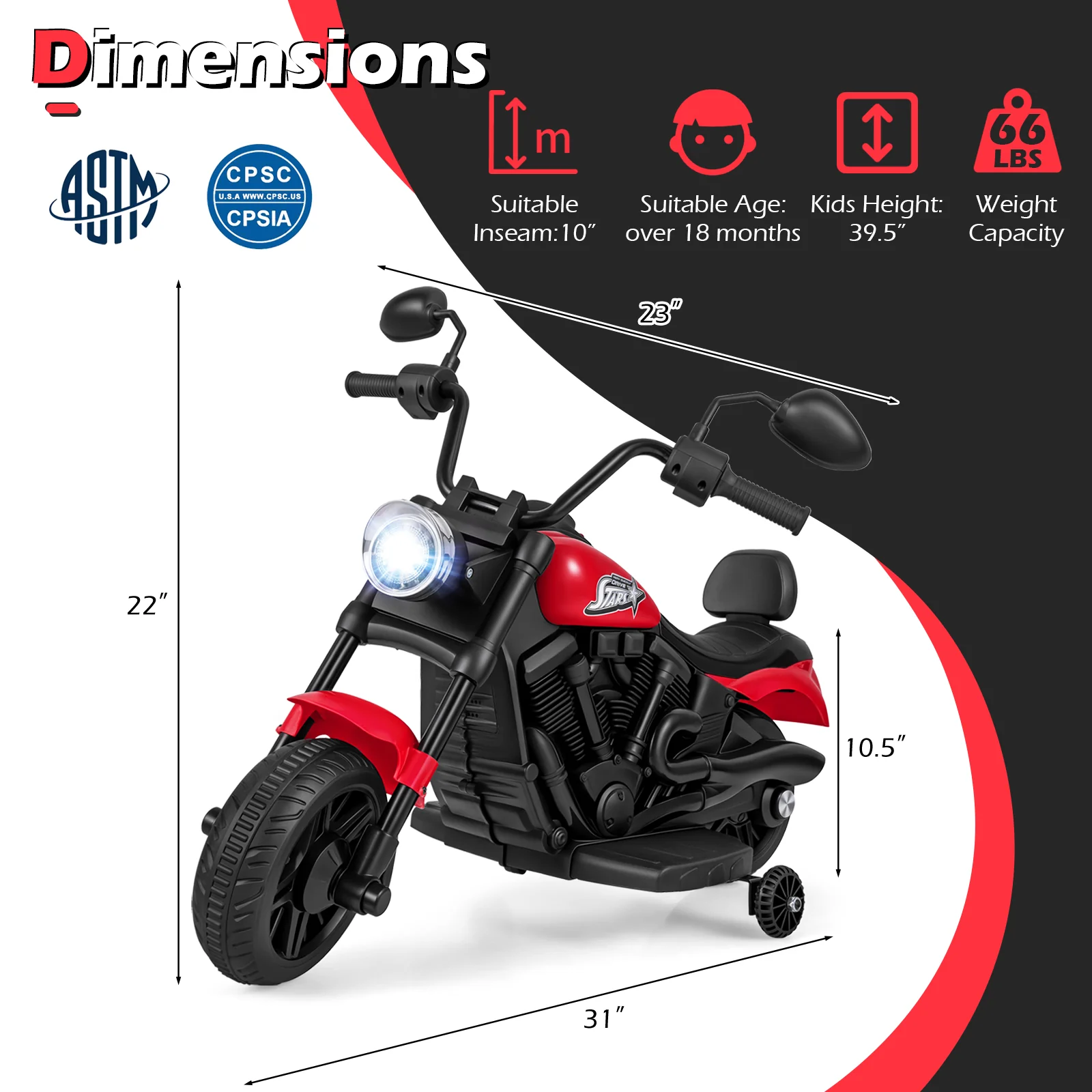 6V Kids Motorcycle with Headlight and Music and Training Wheels, Red - Image 5