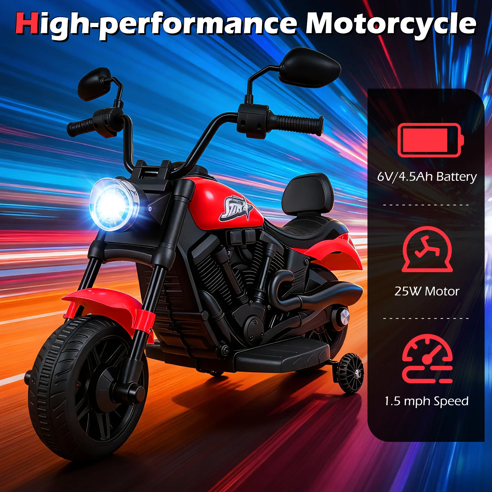 6V Kids Motorcycle with Headlight and Music and Training Wheels, Red - Image 6