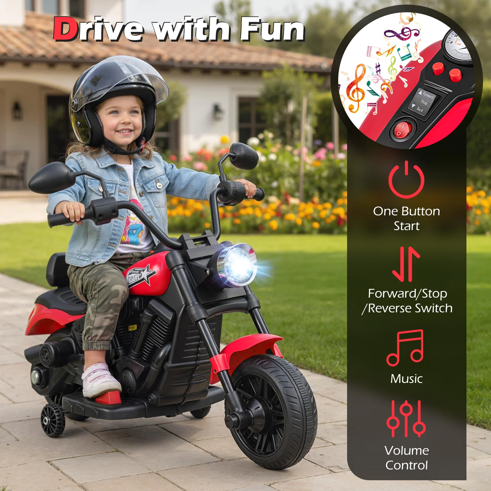 6V Kids Motorcycle with Headlight and Music and Training Wheels, Red - Image 7