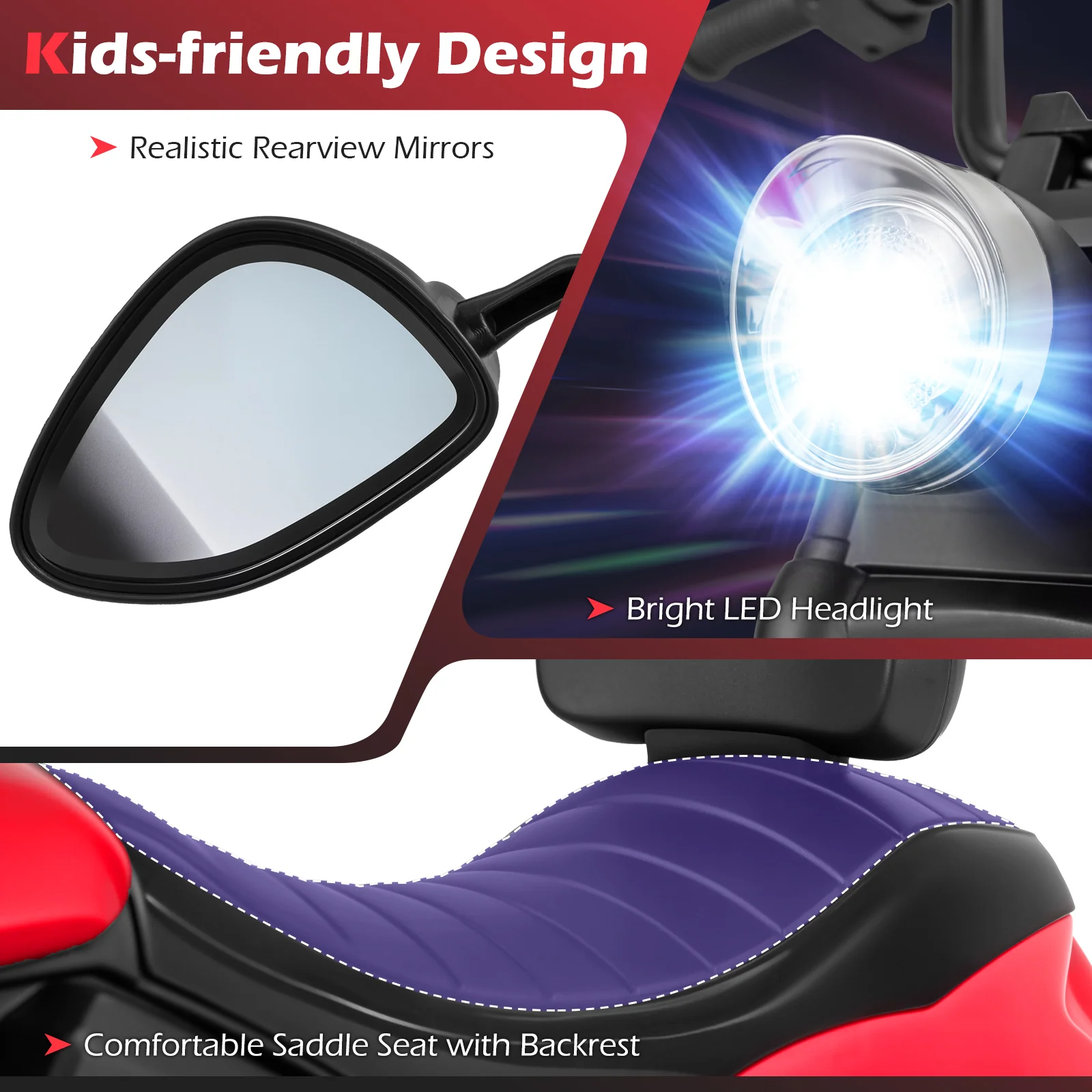 6V Kids Motorcycle with Headlight and Music and Training Wheels, Red - Image 9