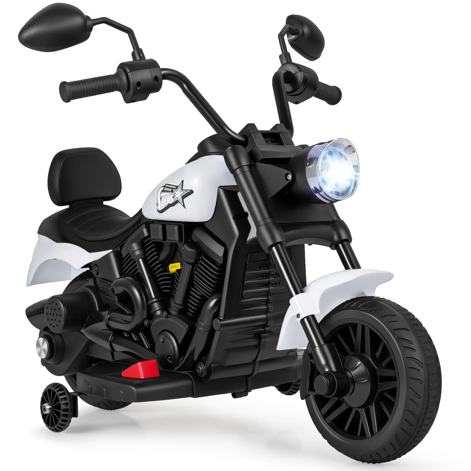 6V Kids Motorcycle with Headlight and Music and Training Wheels, White