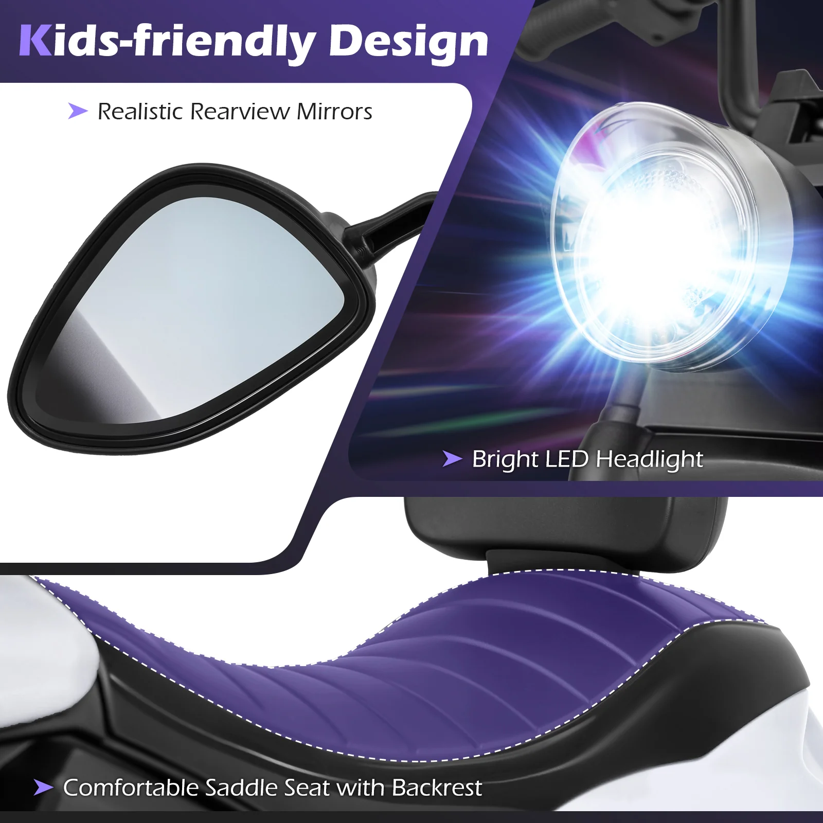6V Kids Motorcycle with Headlight and Music and Training Wheels, White - Image 10