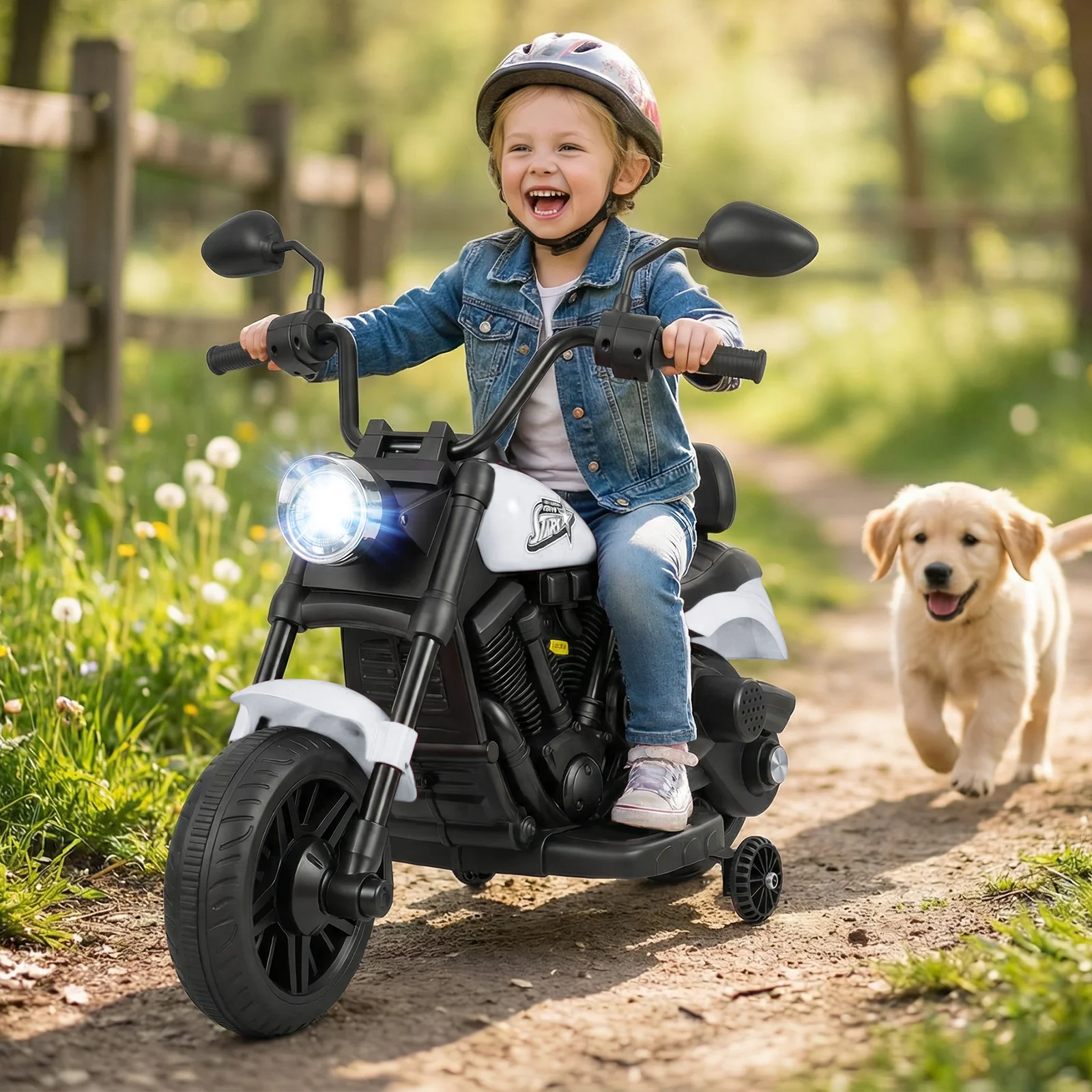 6V Kids Motorcycle with Headlight and Music and Training Wheels, White - Image 2