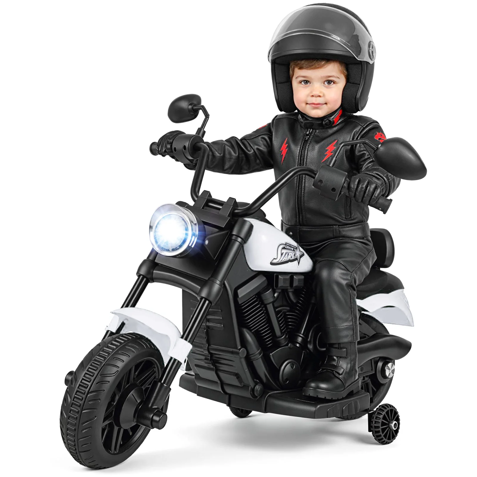 6V Kids Motorcycle with Headlight and Music and Training Wheels, White - Image 4