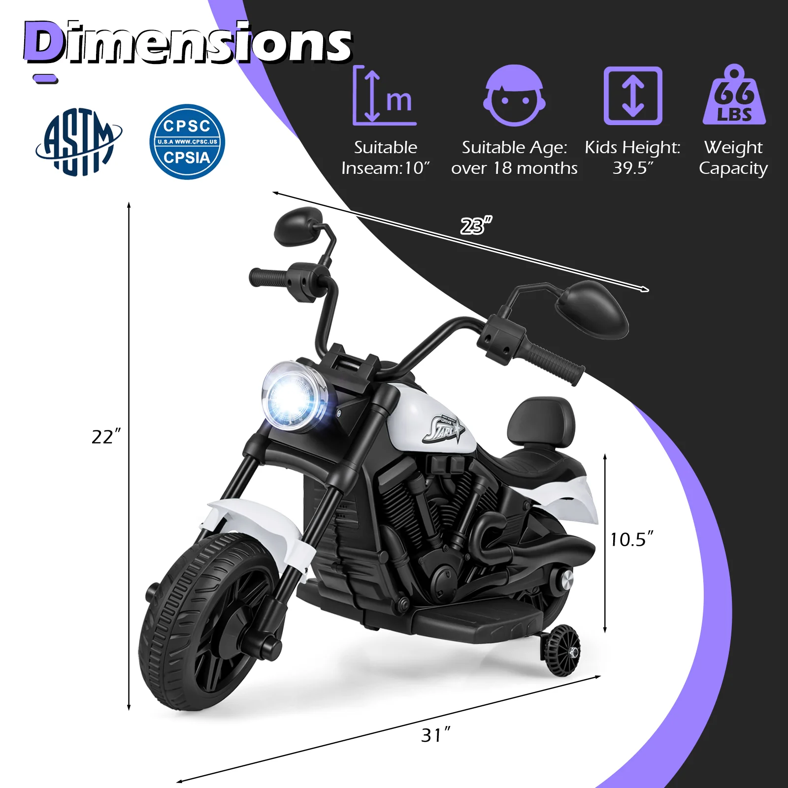 6V Kids Motorcycle with Headlight and Music and Training Wheels, White - Image 5