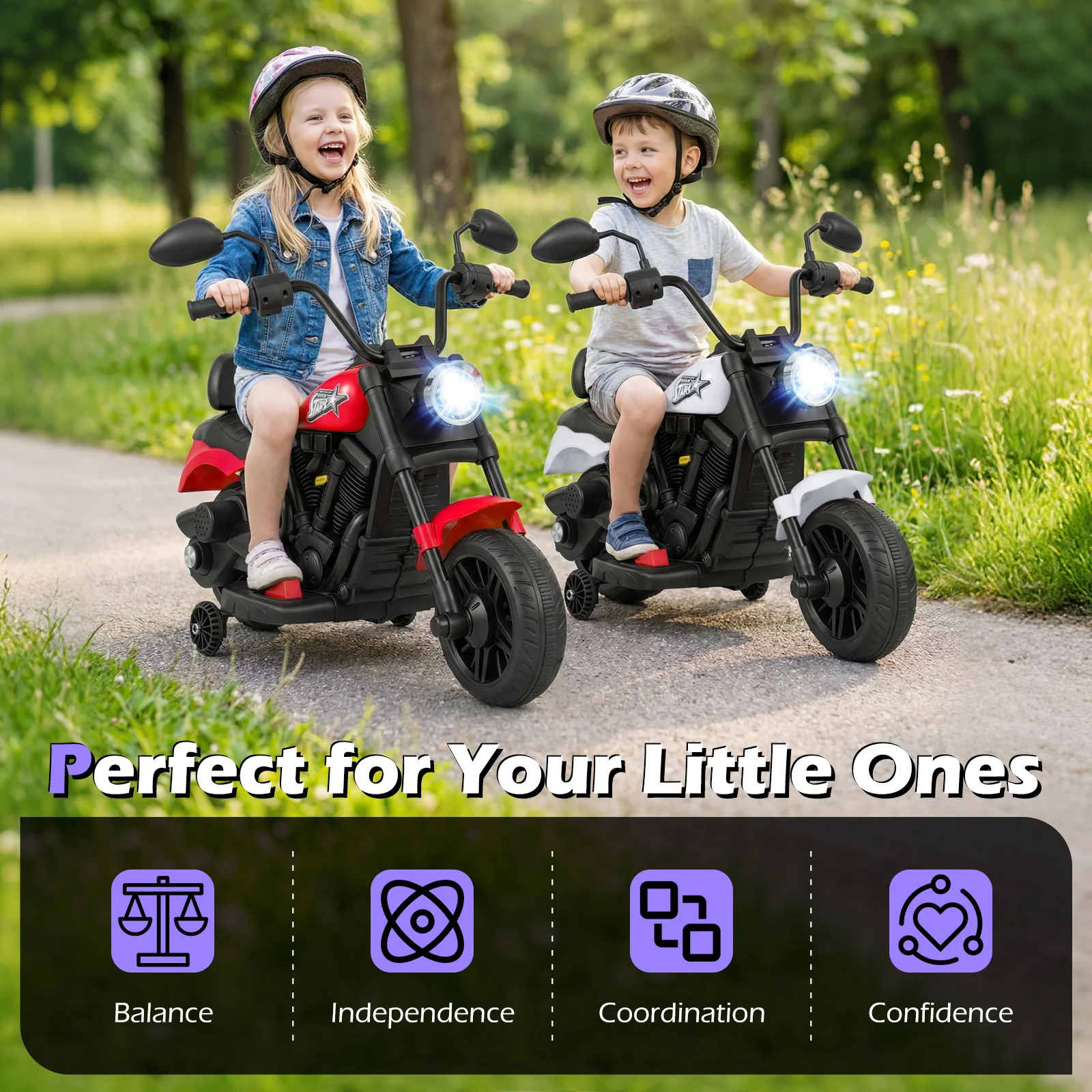 6V Kids Motorcycle with Headlight and Music and Training Wheels, White - Image 6