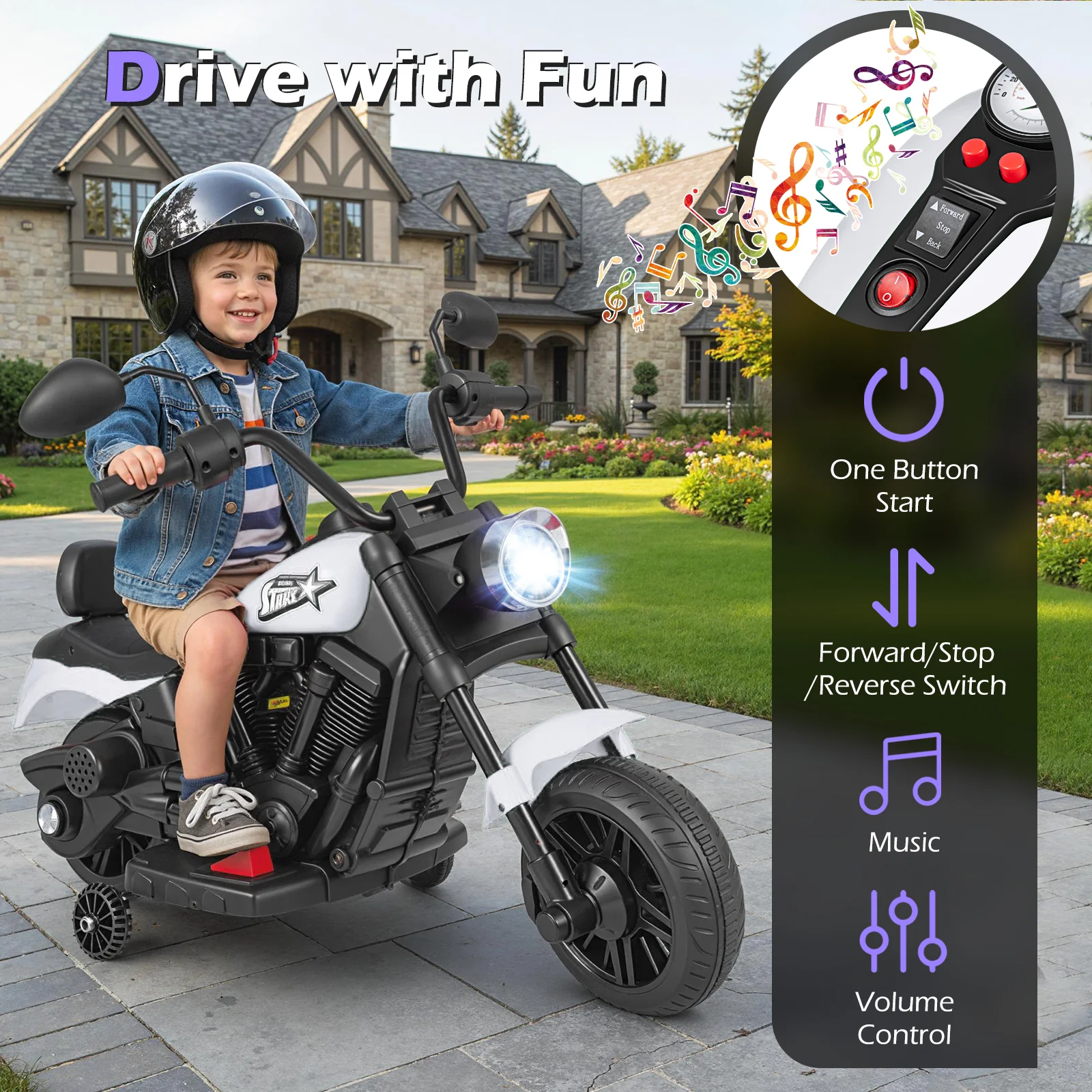 6V Kids Motorcycle with Headlight and Music and Training Wheels, White - Image 7