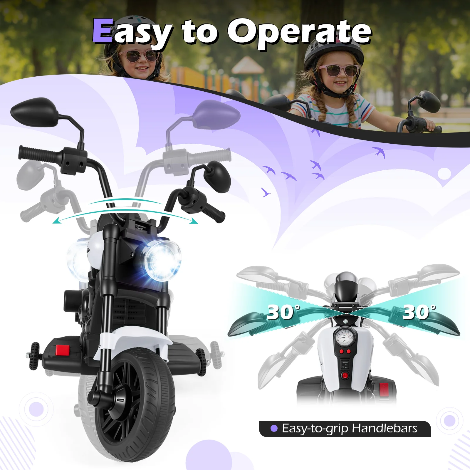 6V Kids Motorcycle with Headlight and Music and Training Wheels, White - Image 8