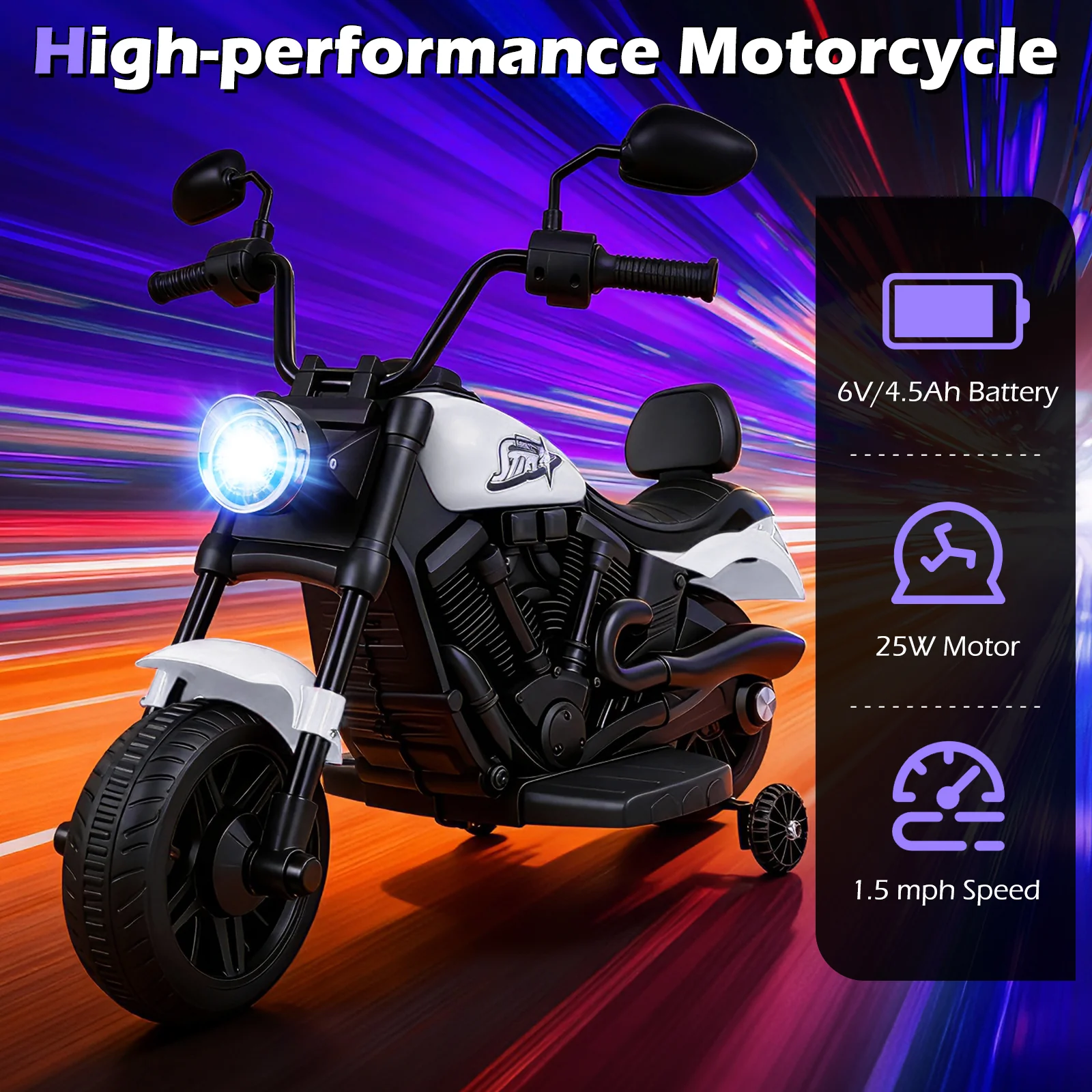 6V Kids Motorcycle with Headlight and Music and Training Wheels, White - Image 9