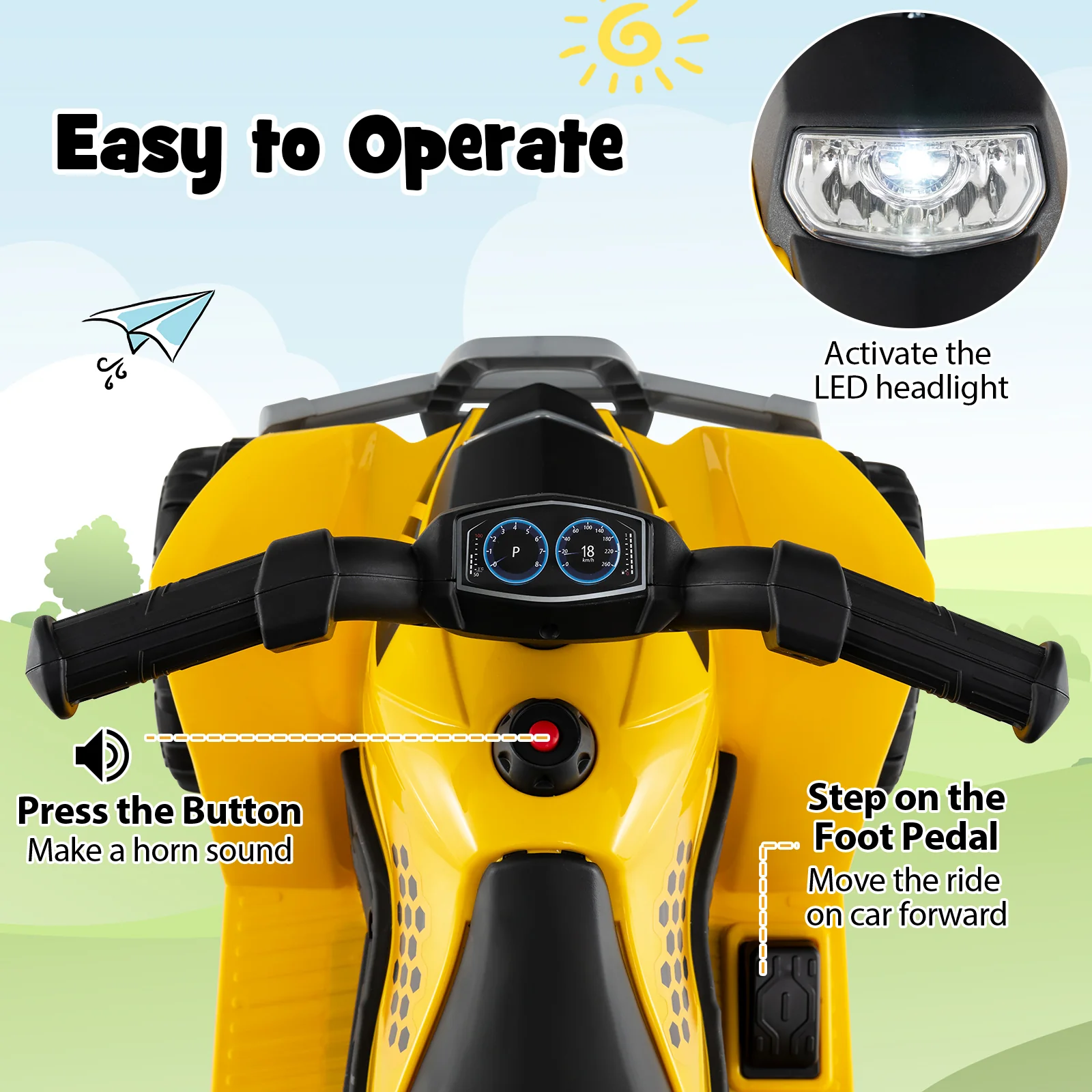 6V Kids Ride On ATV, 18-36 Months Old, With Horn Sound, Yellow - Image 8