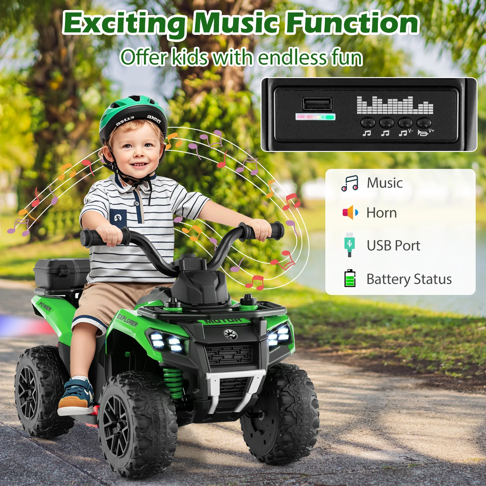 6V Kids Ride On ATV, Spray Function, Storage Box, Music, Green - Image 10