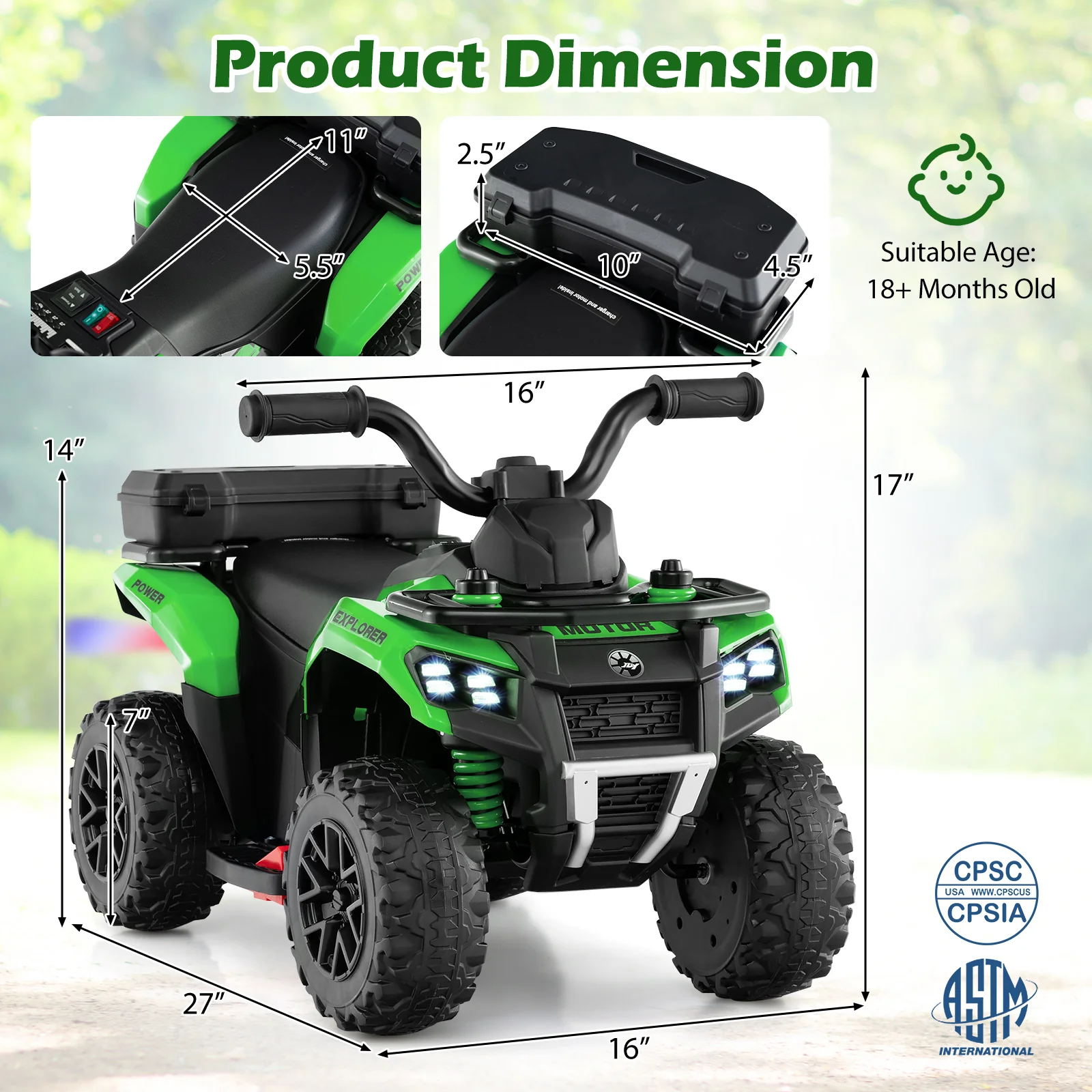 6V Kids Ride On ATV, Spray Function, Storage Box, Music, Green - Image 5