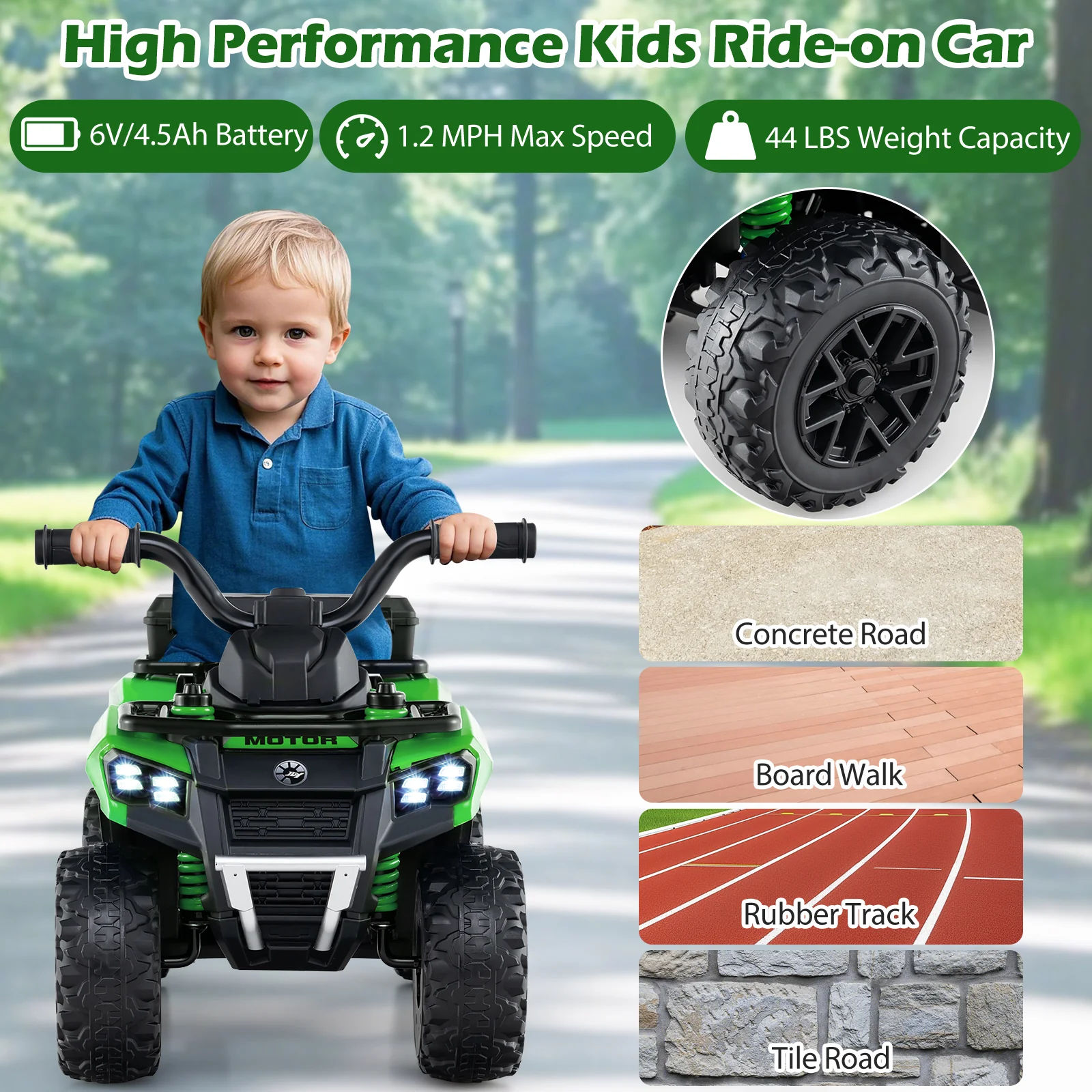 6V Kids Ride On ATV, Spray Function, Storage Box, Music, Green - Image 7
