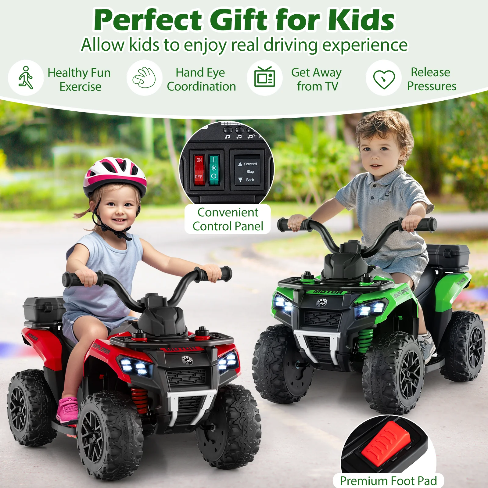 6V Kids Ride On ATV, Spray Function, Storage Box, Music, Green - Image 8