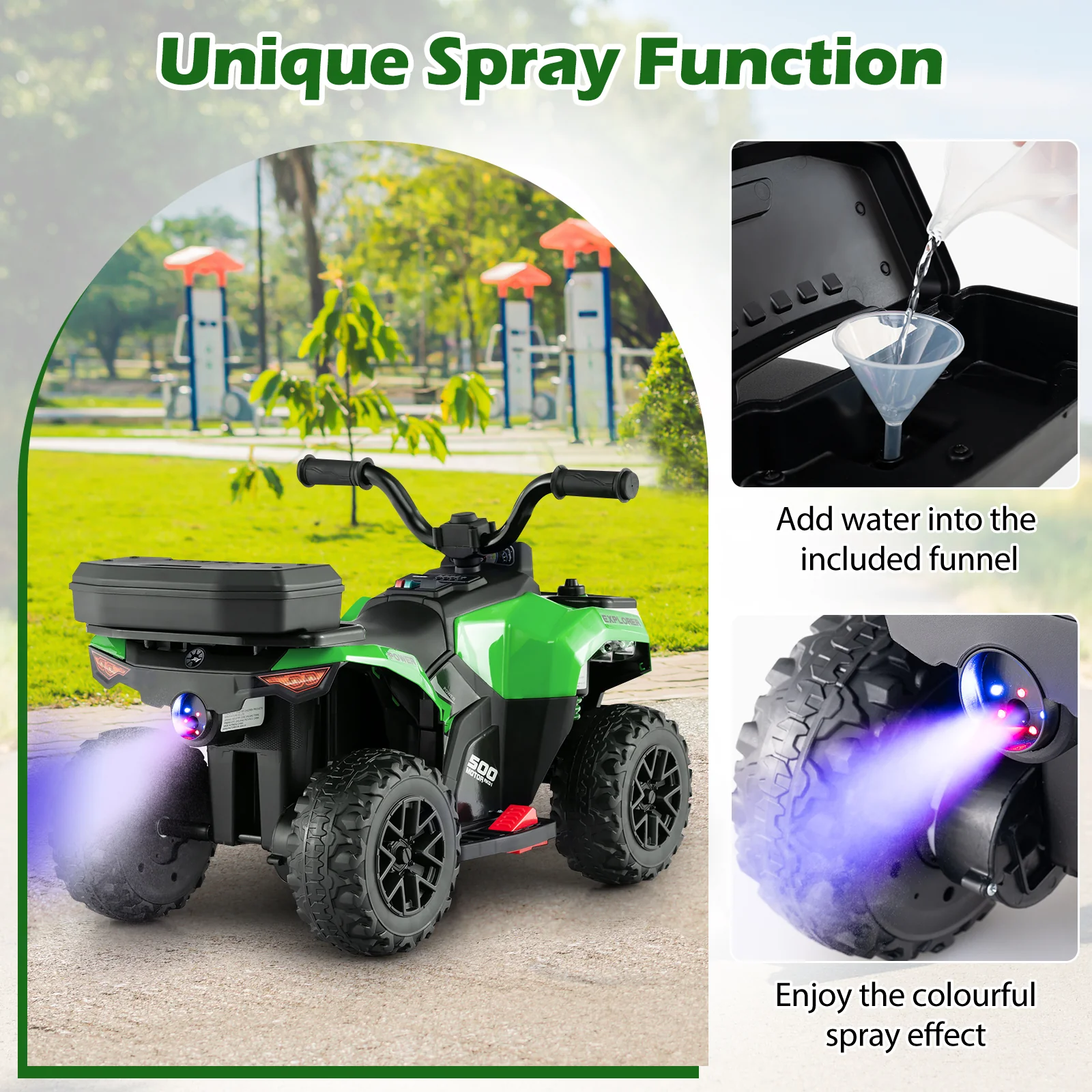 6V Kids Ride On ATV, Spray Function, Storage Box, Music, Green - Image 9
