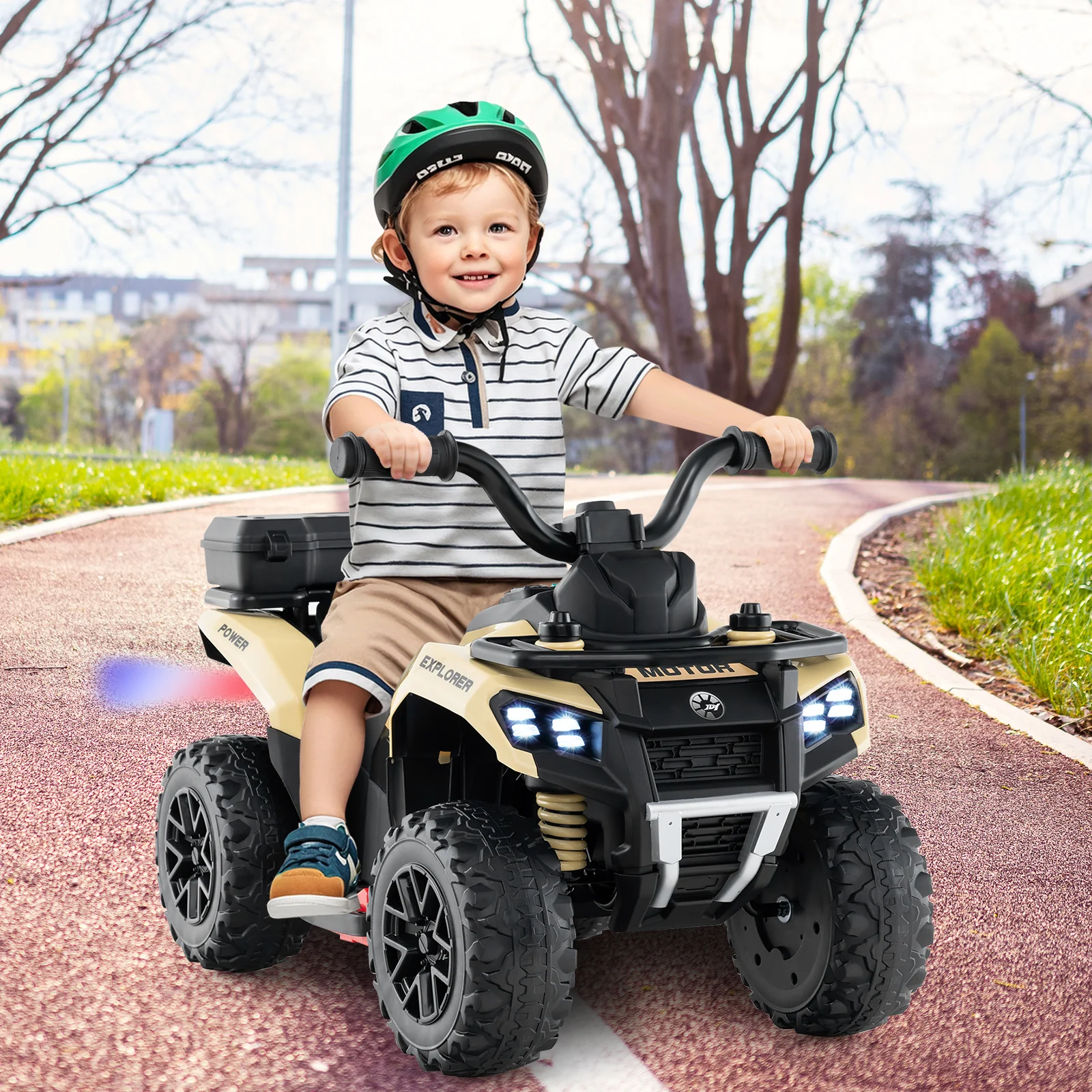 6V Kids Ride On ATV, Spray Function, Storage Box, Music, Khaki - Image 2