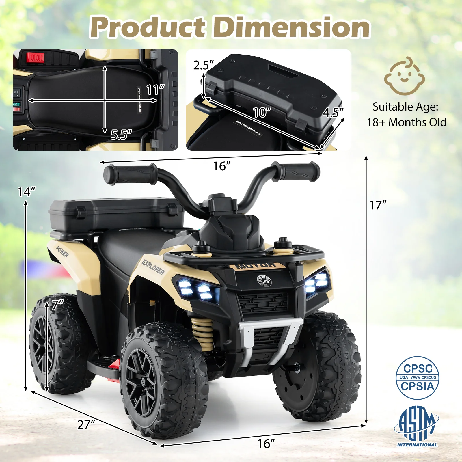 6V Kids Ride On ATV, Spray Function, Storage Box, Music, Khaki - Image 5