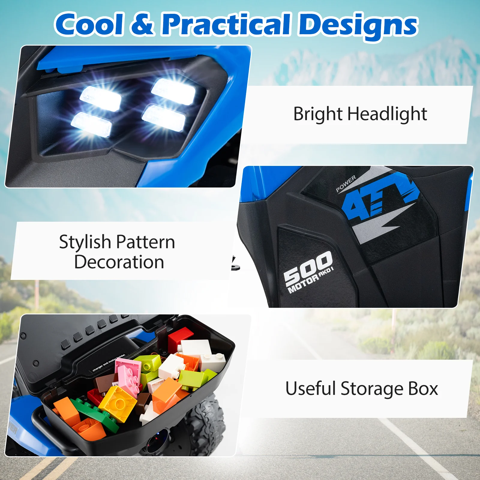 6V Kids Ride On ATV With Spray Function, Storage Box, Music, Blue - Image 10