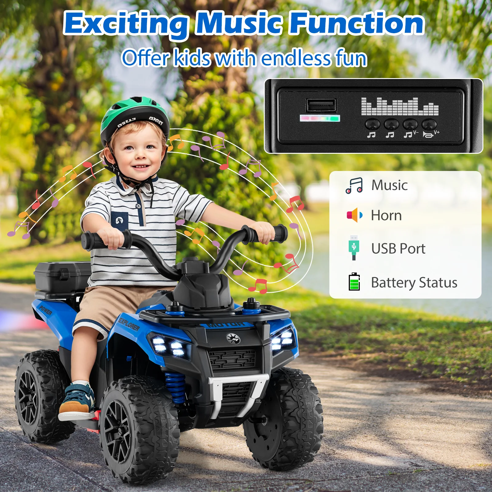 6V Kids Ride On ATV With Spray Function, Storage Box, Music, Blue - Image 9