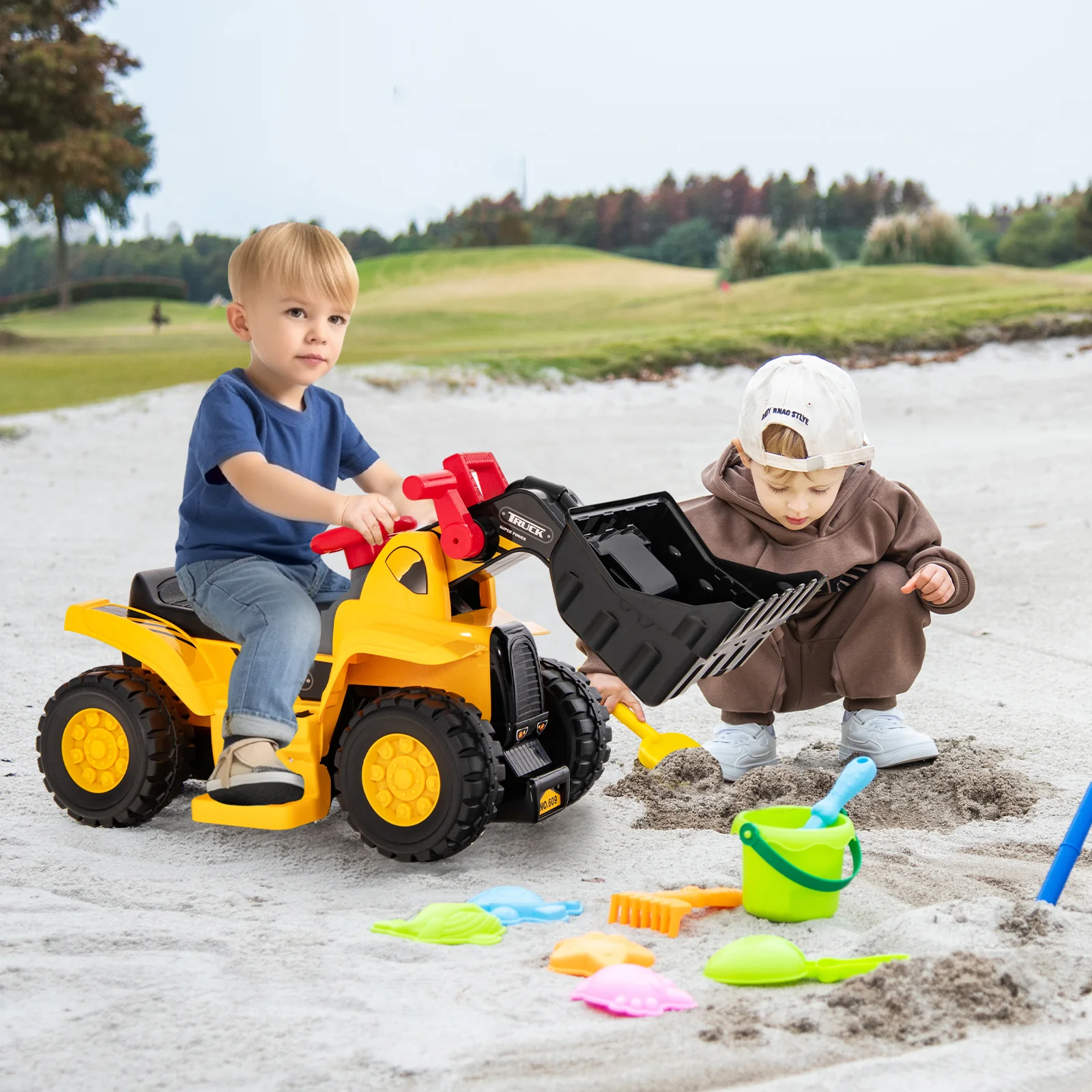 6V Kids Ride On Bulldozer, Folding Basketball Hoop, Yellow - Image 2